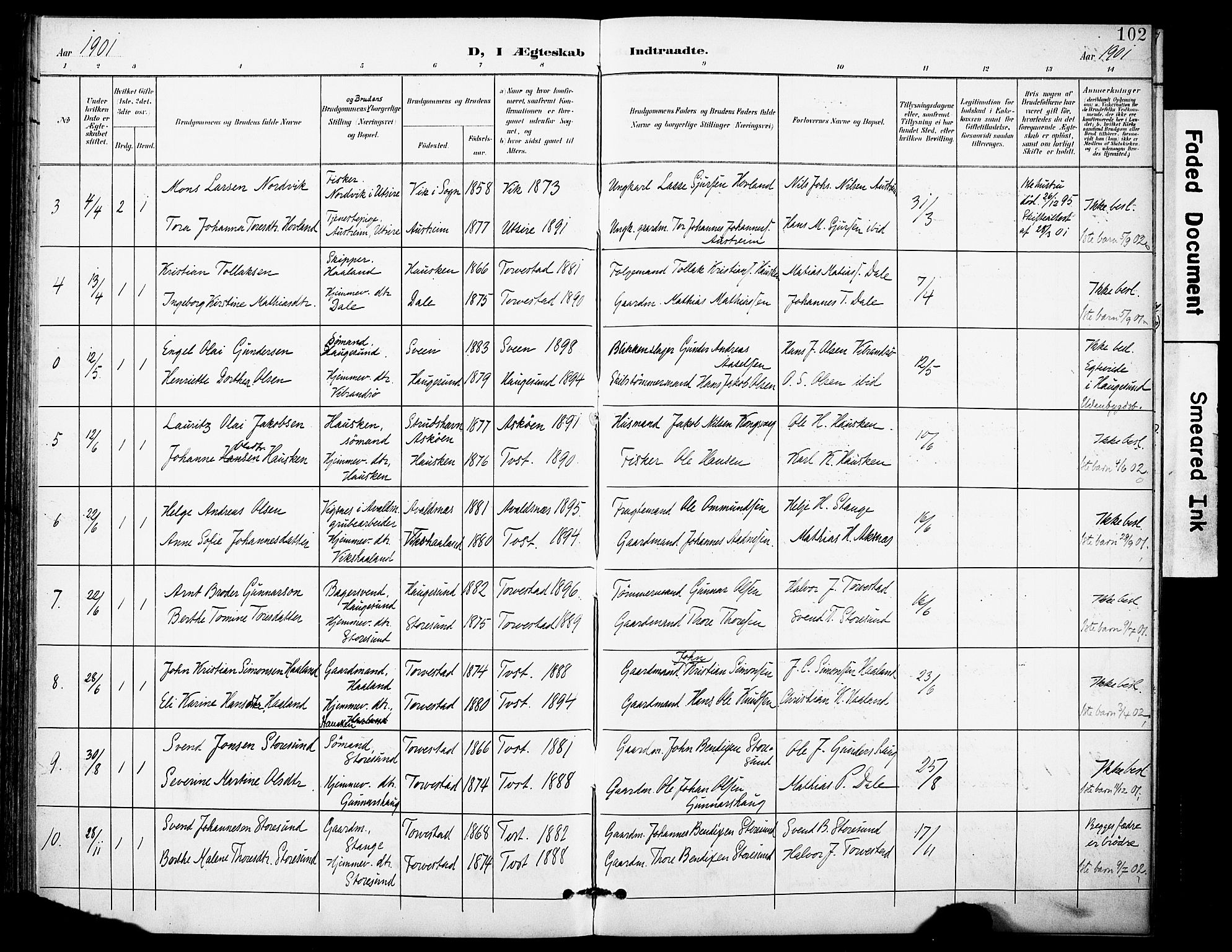 Torvastad sokneprestkontor, SAST/A -101857/H/Ha/Haa/L0017: Parish register (official) no. A 16, 1899-1911, p. 102