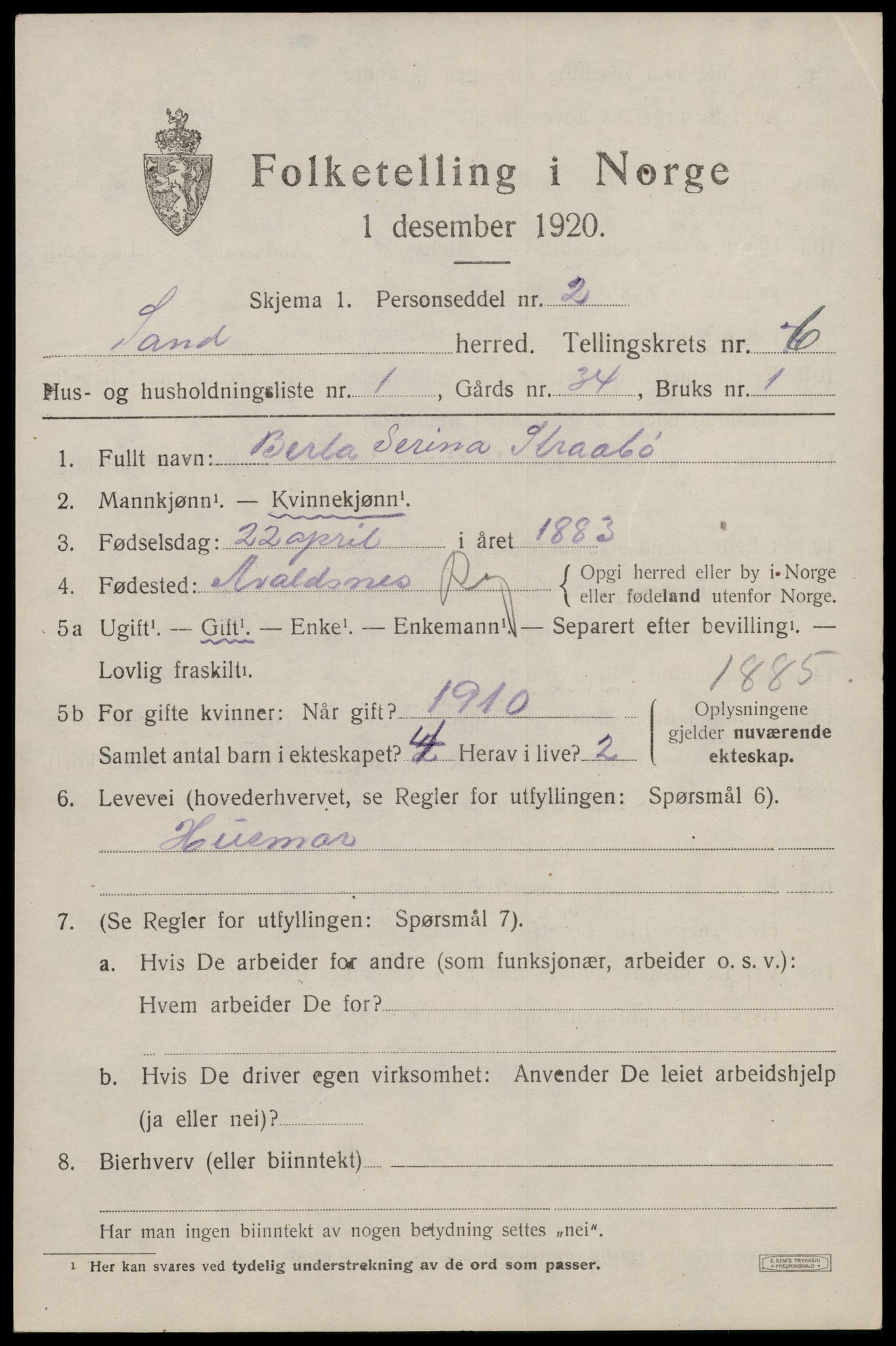 SAST, 1920 census for Sand, 1920, p. 2113