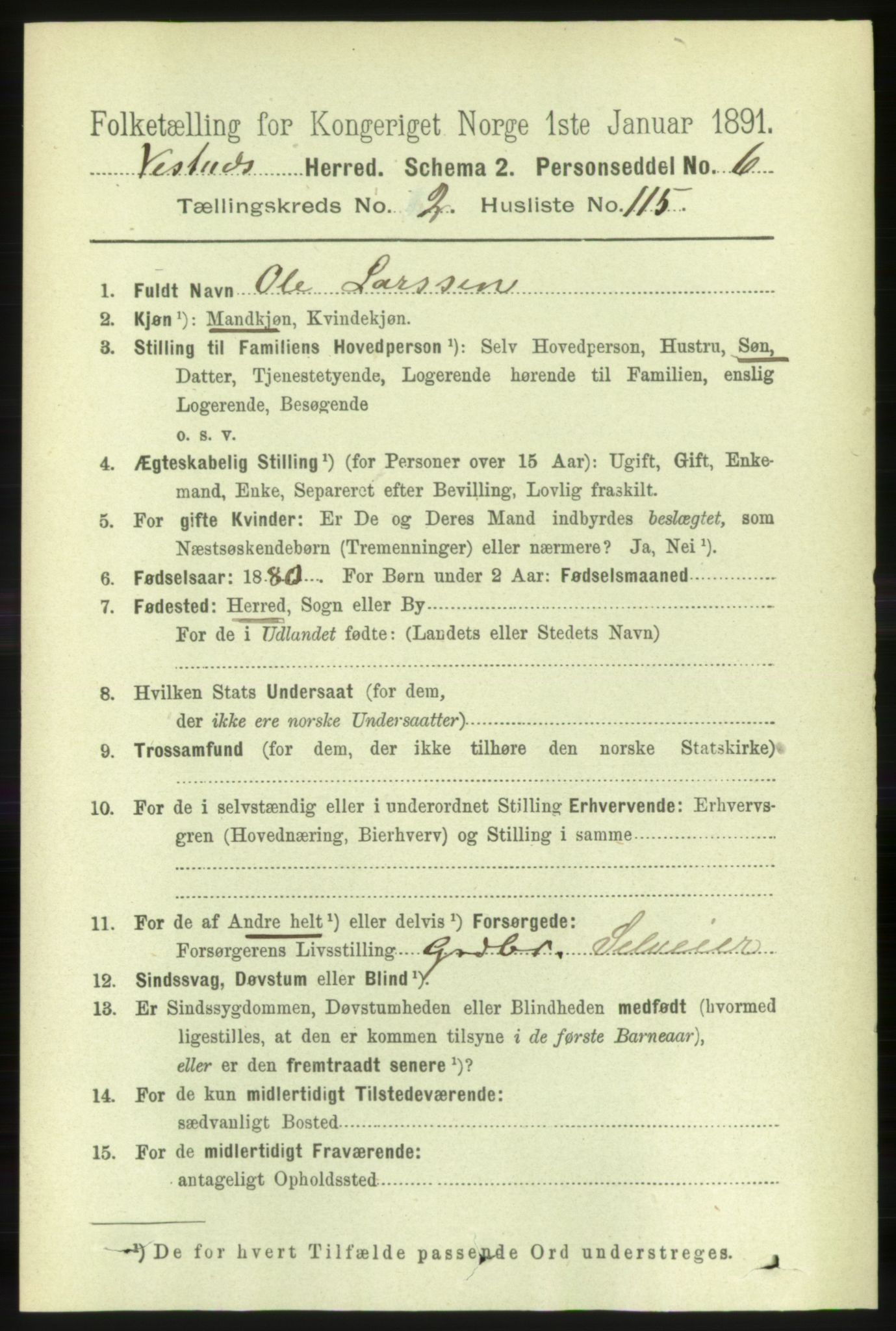 RA, 1891 census for 1535 Vestnes, 1891, p. 797