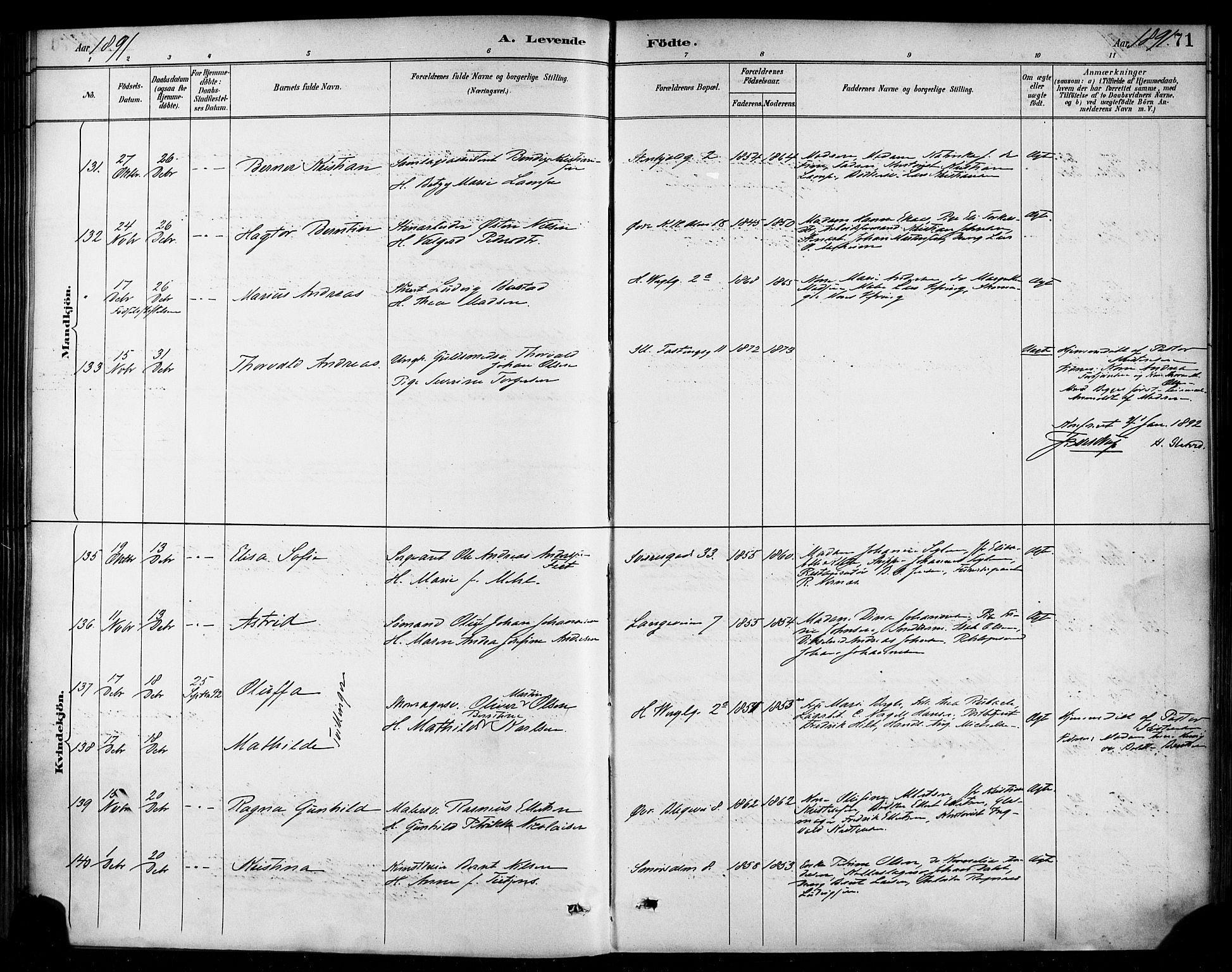 Korskirken sokneprestembete, AV/SAB-A-76101/H/Haa/L0022: Parish register (official) no. B 8, 1889-1899, p. 71