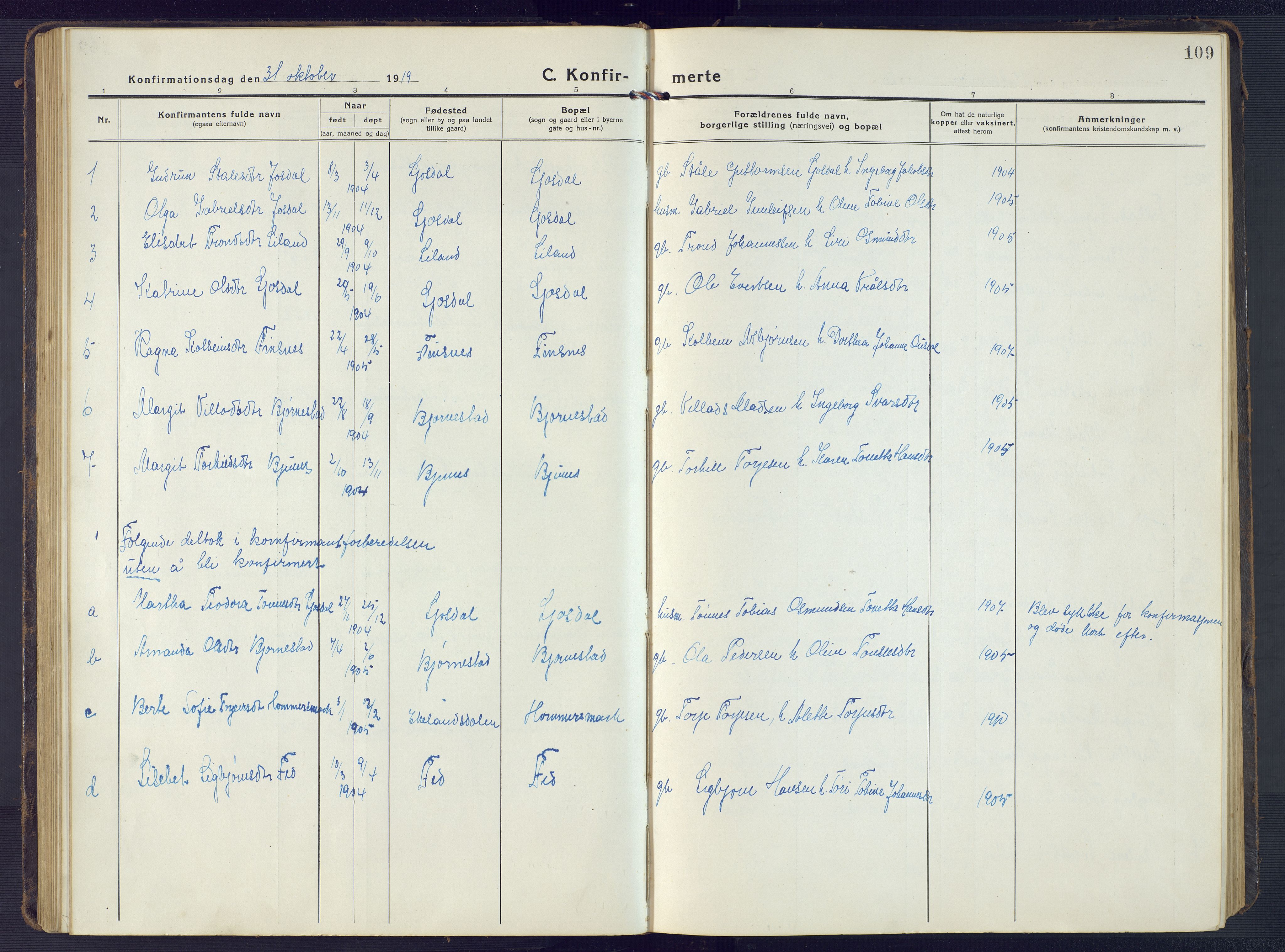 Sirdal sokneprestkontor, AV/SAK-1111-0036/F/Fb/Fbb/L0005: Parish register (copy) no. B 5, 1916-1960, p. 109