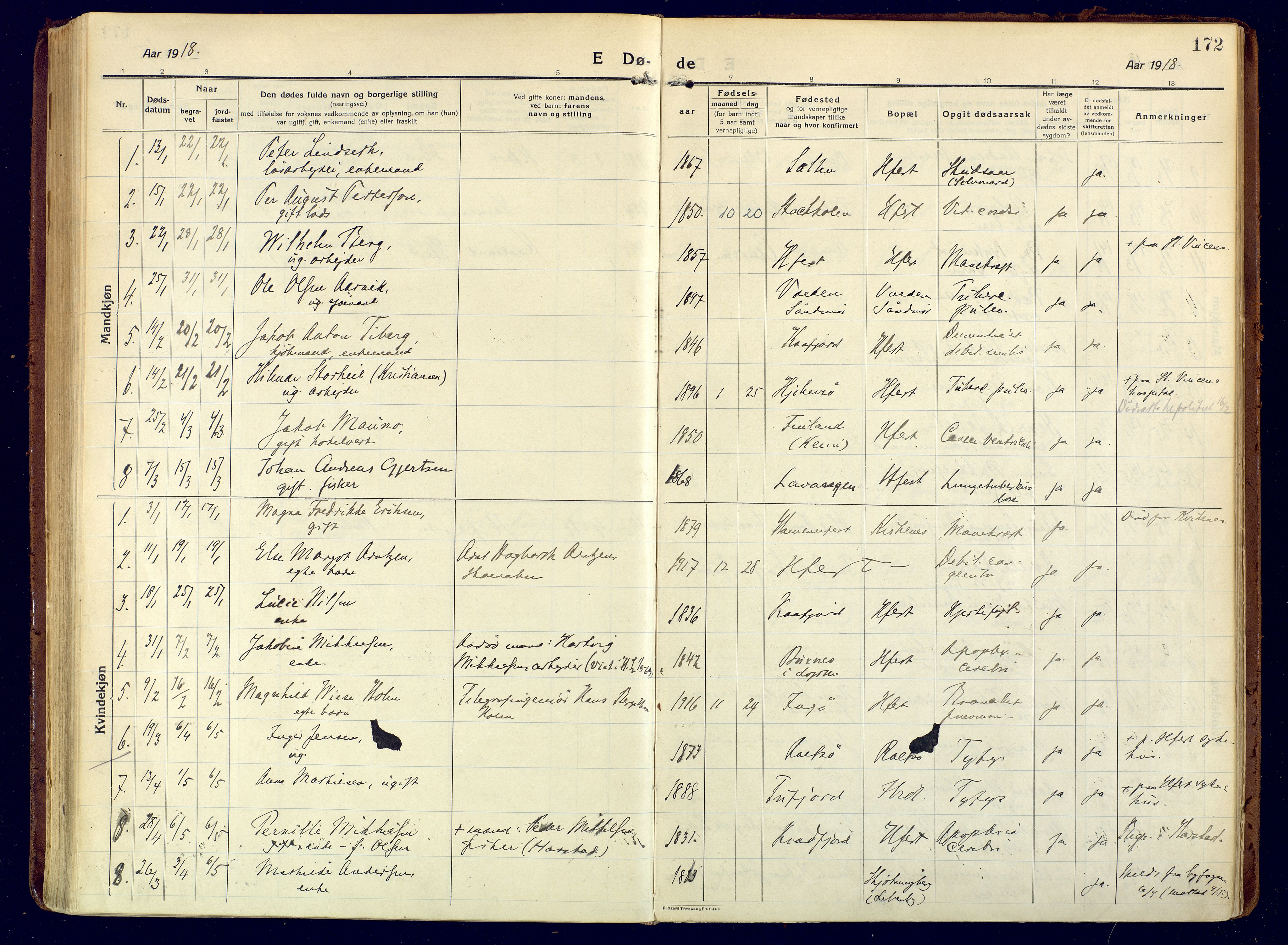 Hammerfest sokneprestkontor, SATØ/S-1347/H/Ha/L0015.kirke: Parish register (official) no. 15, 1916-1923, p. 172