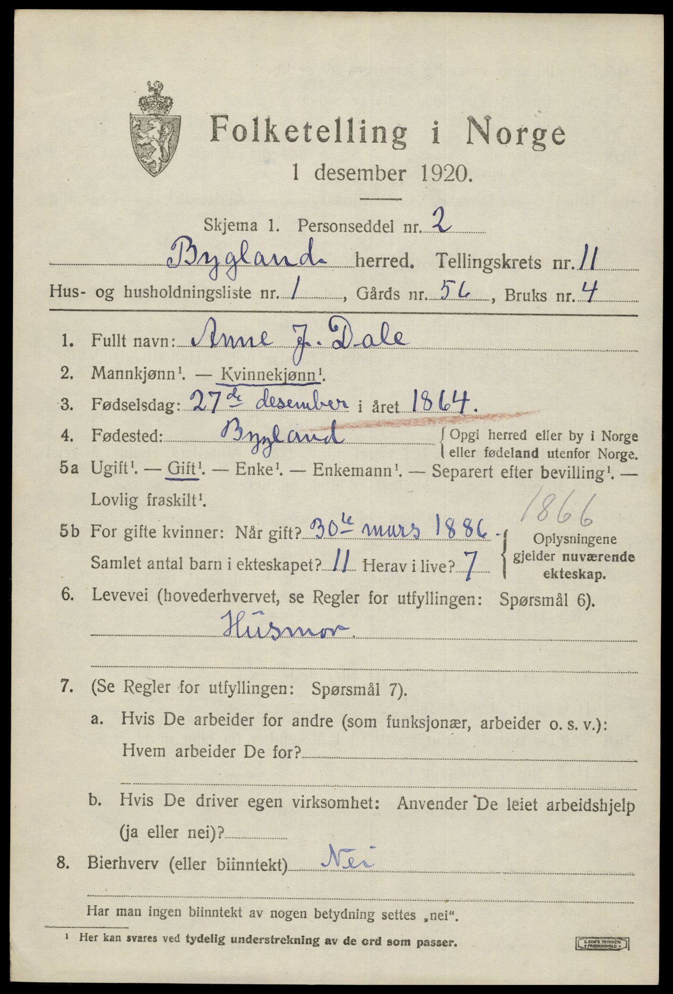 SAK, 1920 census for Bygland, 1920, p. 4127