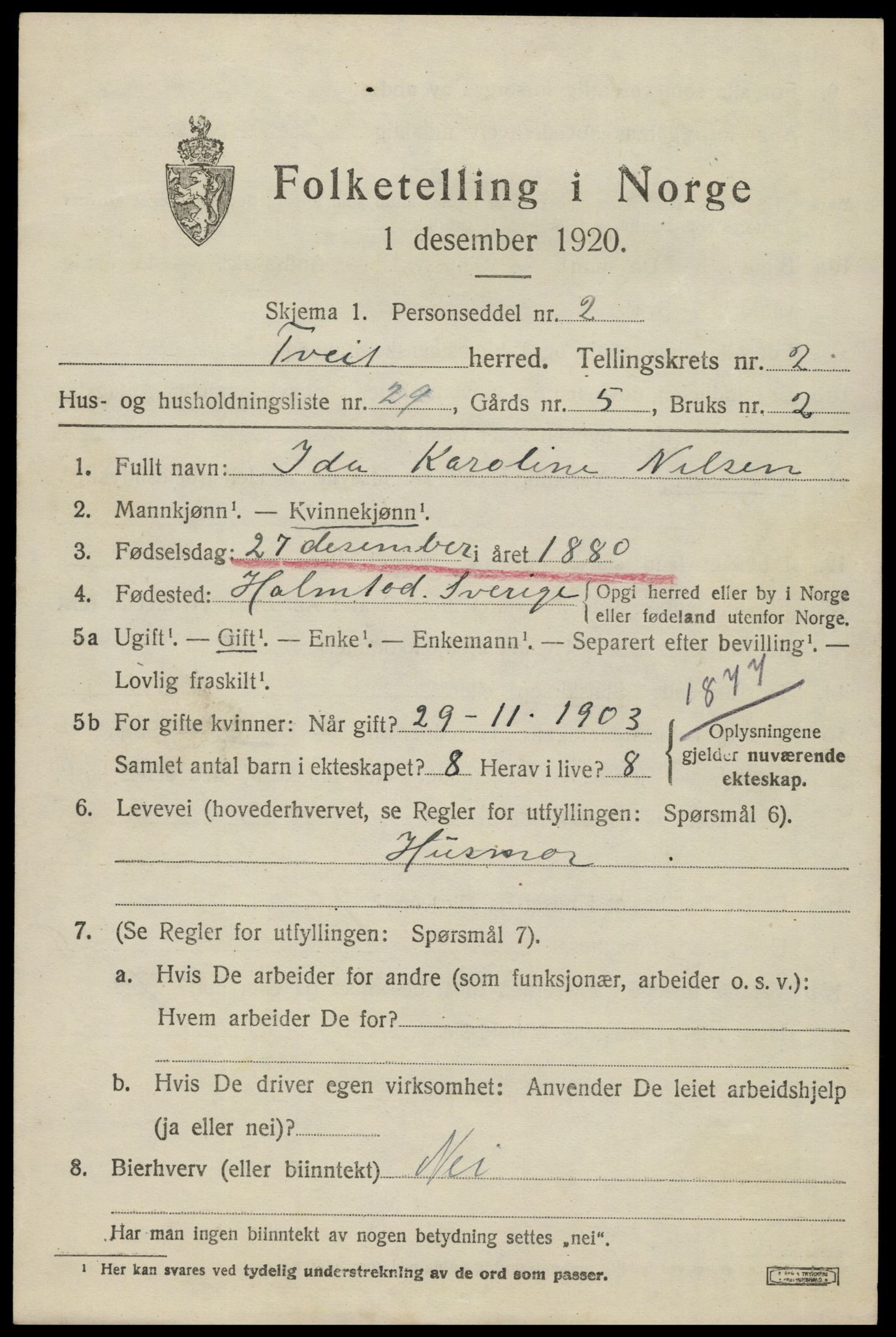 SAK, 1920 census for Tveit, 1920, p. 1472