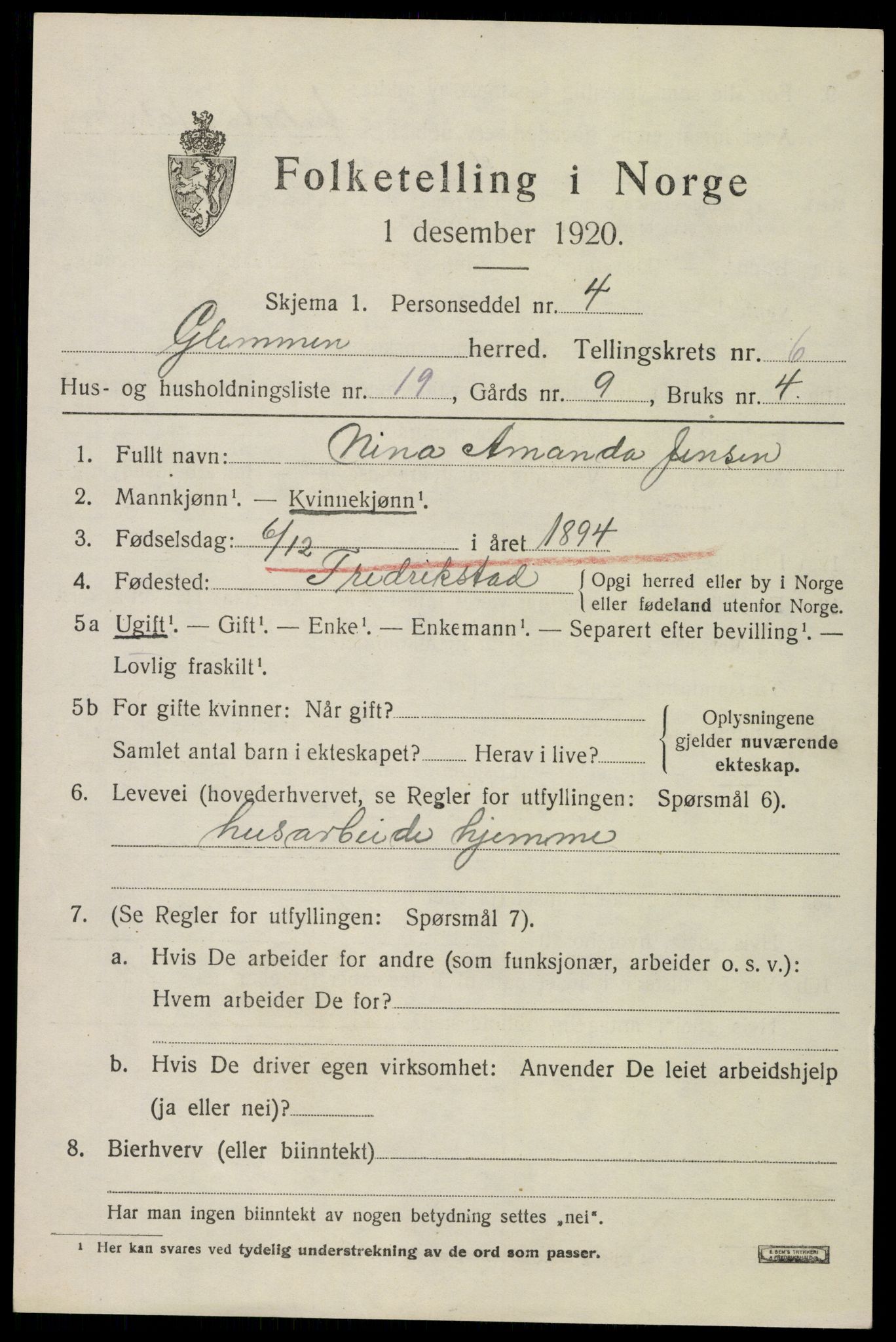 SAO, 1920 census for Glemmen, 1920, p. 18851