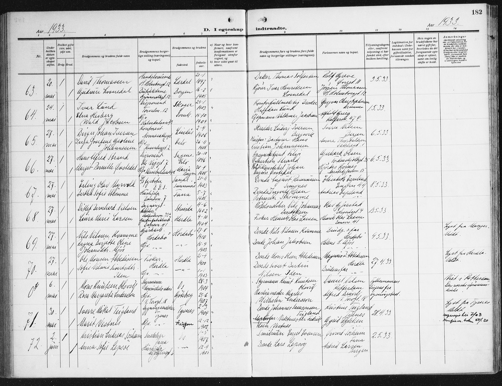 Domkirken sokneprestembete, SAB/A-74801/H/Haa/L0039: Parish register (official) no. D 6, 1921-1937, p. 182