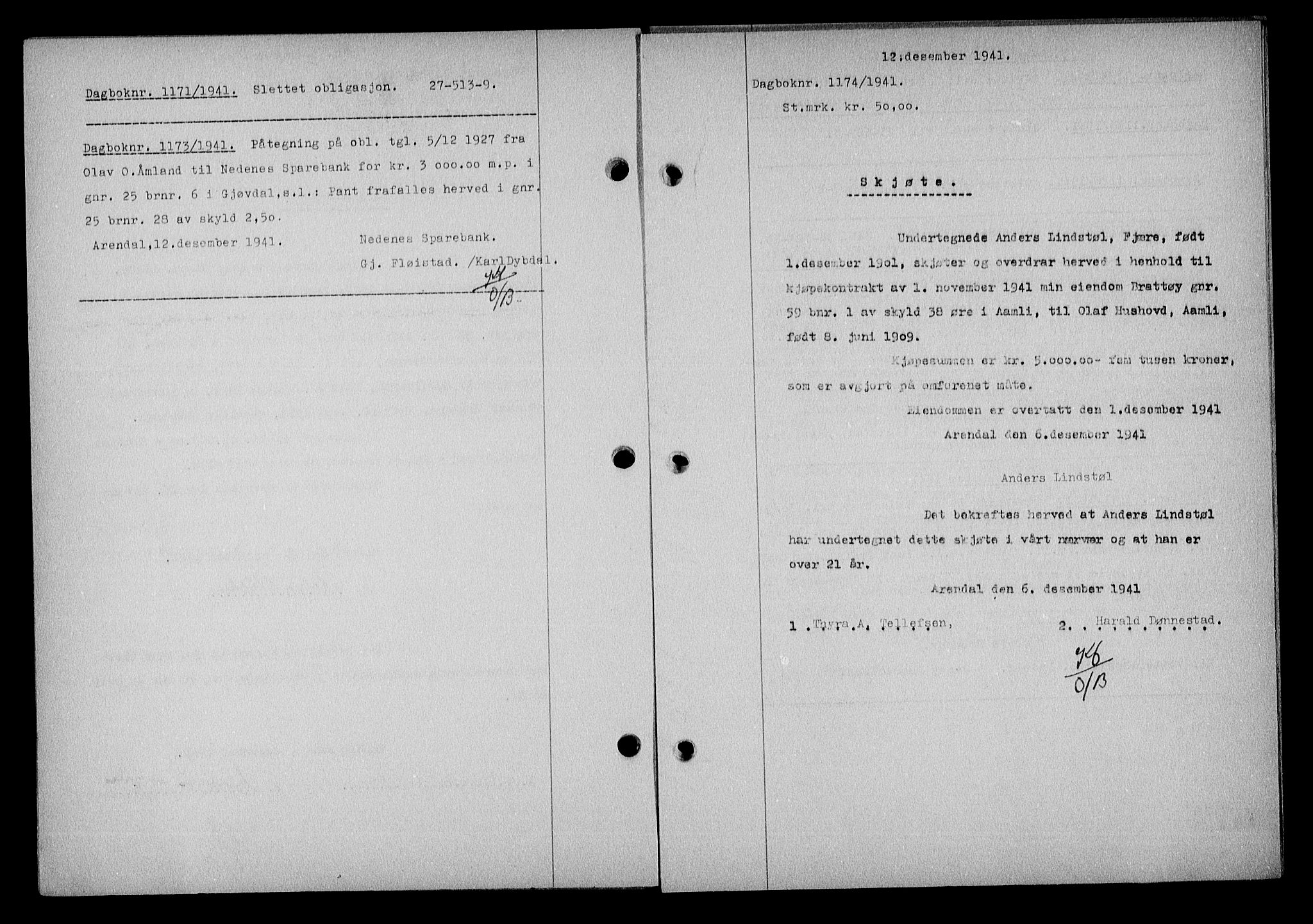 Nedenes sorenskriveri, SAK/1221-0006/G/Gb/Gba/L0049: Mortgage book no. A-III, 1941-1942, Diary no: : 1174/1941