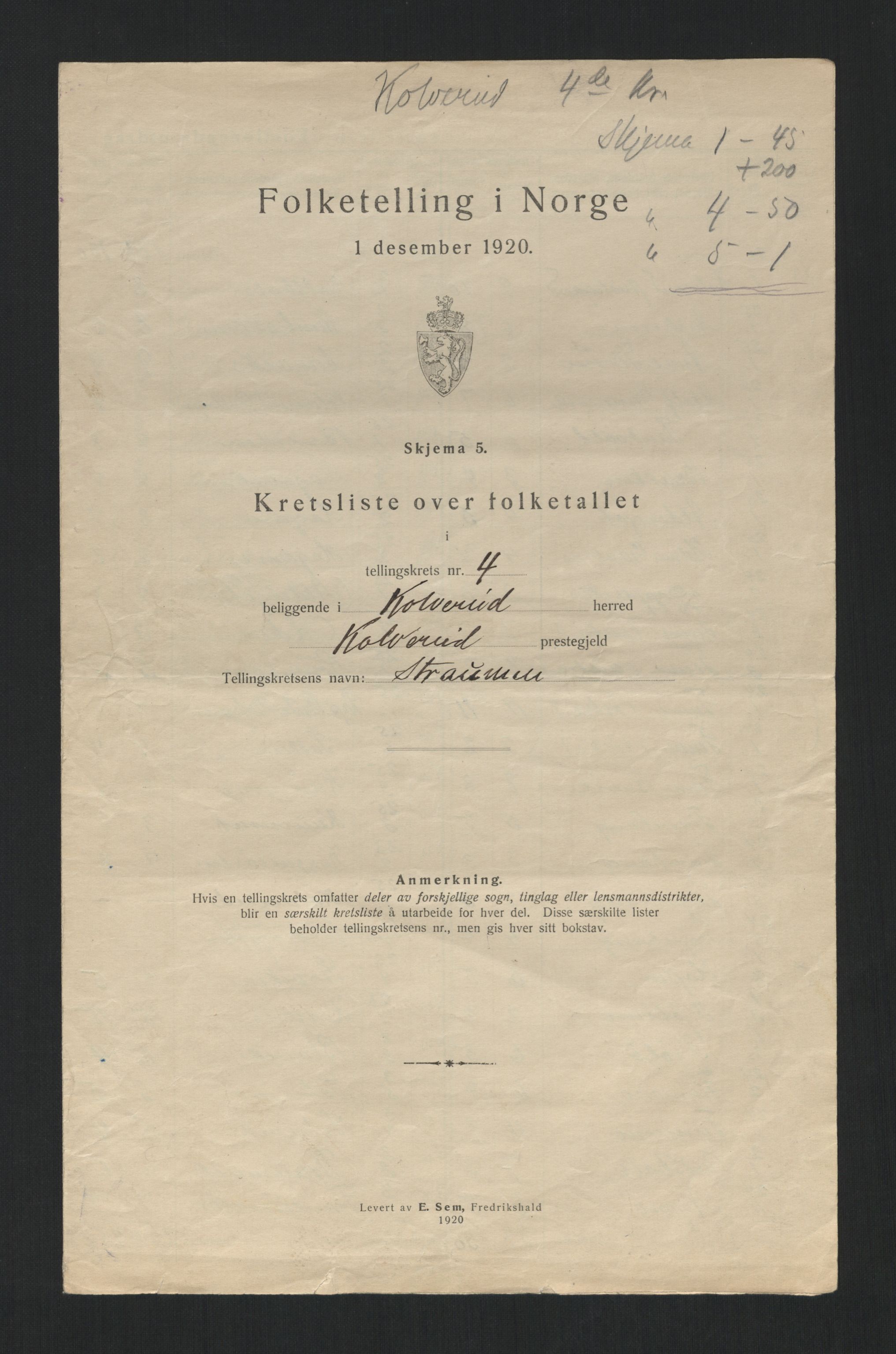 SAT, 1920 census for Kolvereid, 1920, p. 18