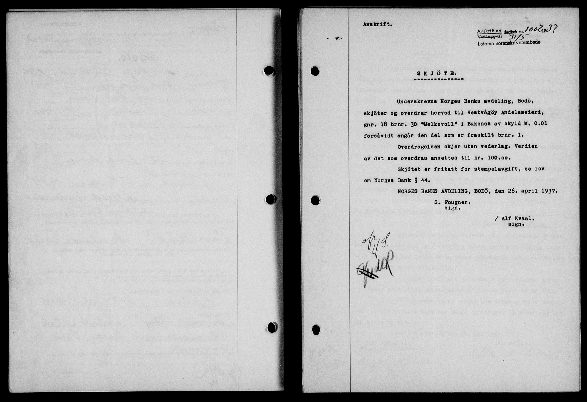 Lofoten sorenskriveri, SAT/A-0017/1/2/2C/L0002a: Mortgage book no. 2a, 1937-1937, Diary no: : 1002/1937