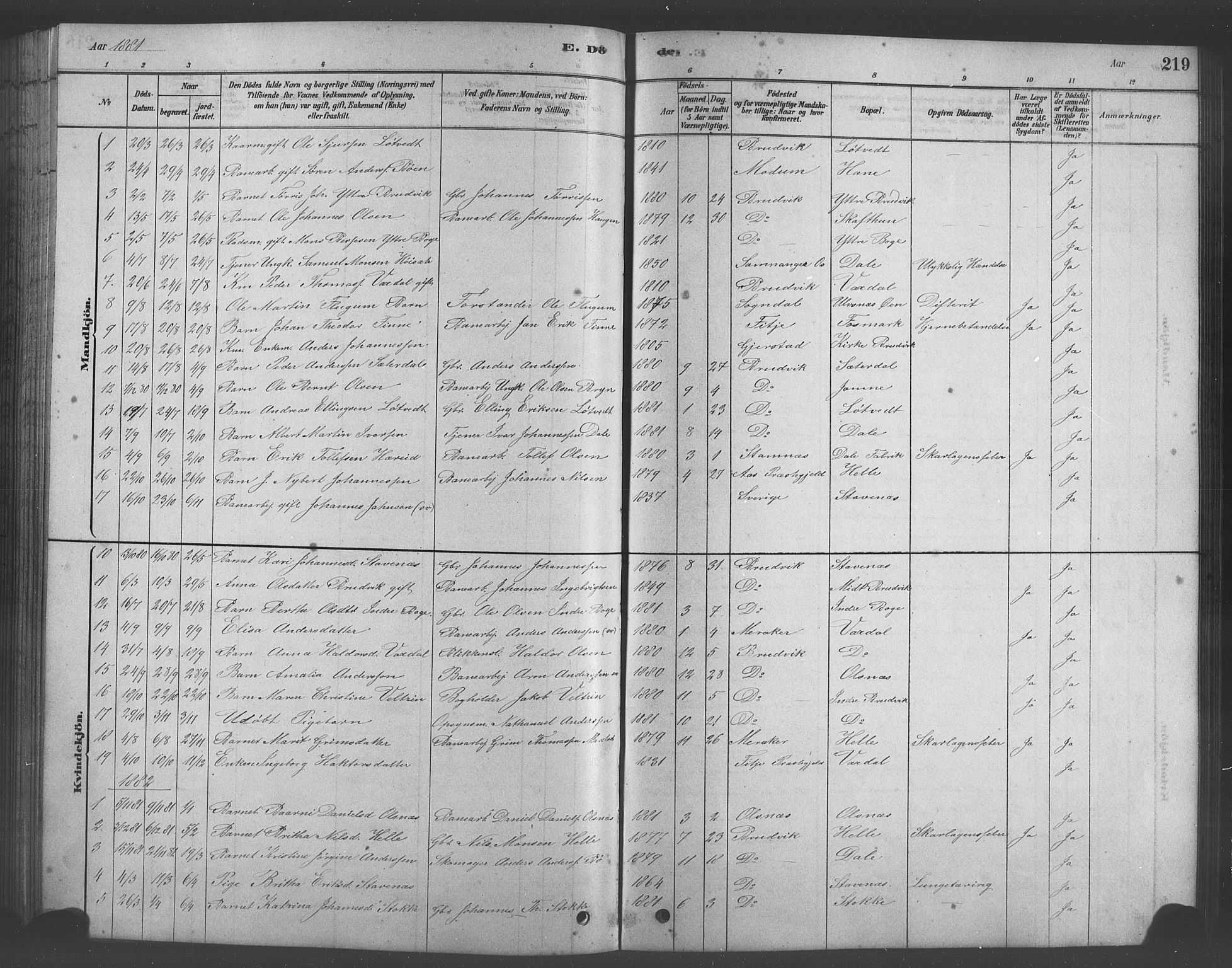 Bruvik Sokneprestembete, SAB/A-74701/H/Hab: Parish register (copy) no. A 1, 1878-1907, p. 219