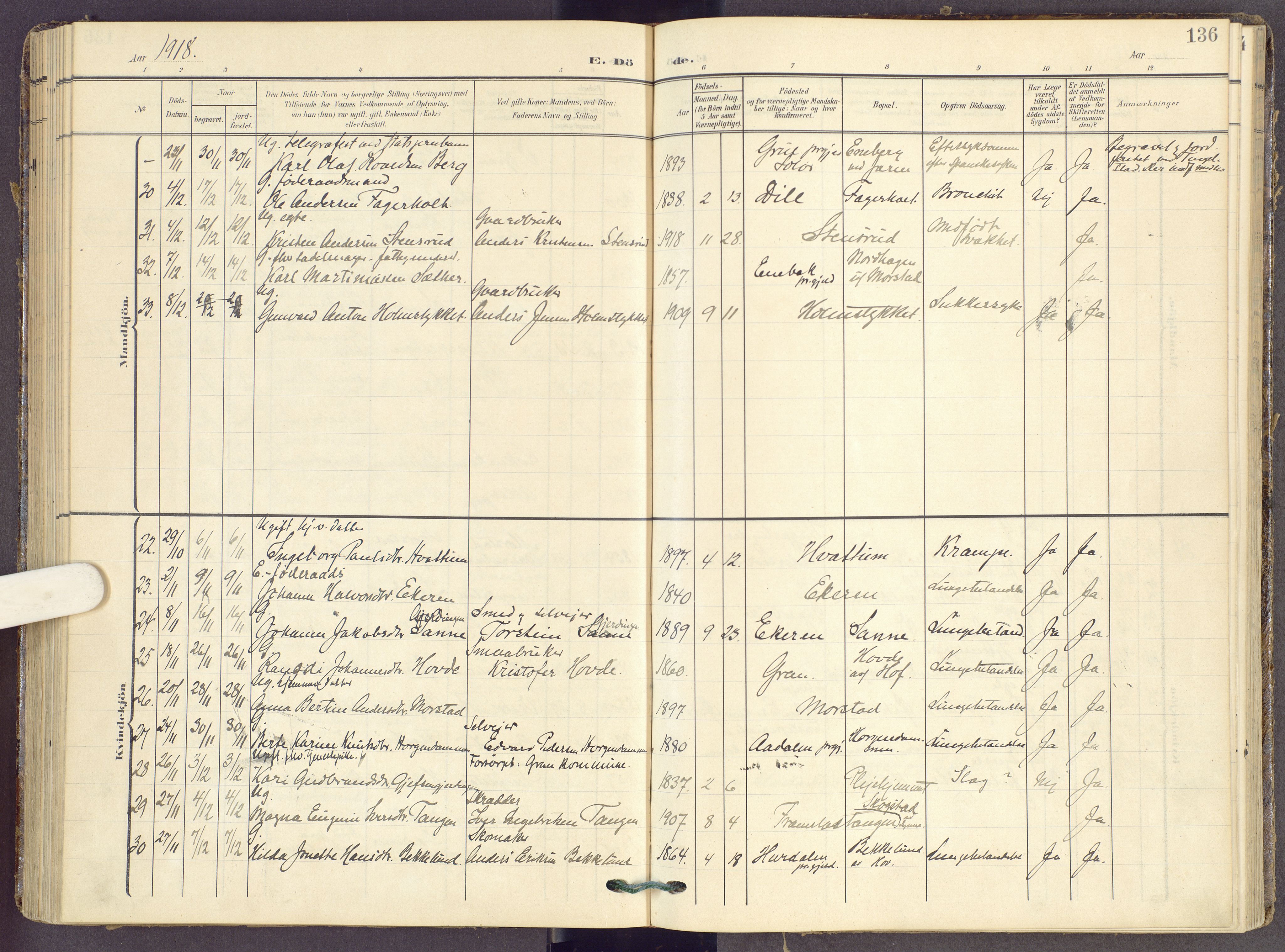 Gran prestekontor, SAH/PREST-112/H/Ha/Haa/L0022: Parish register (official) no. 22, 1908-1918, p. 136