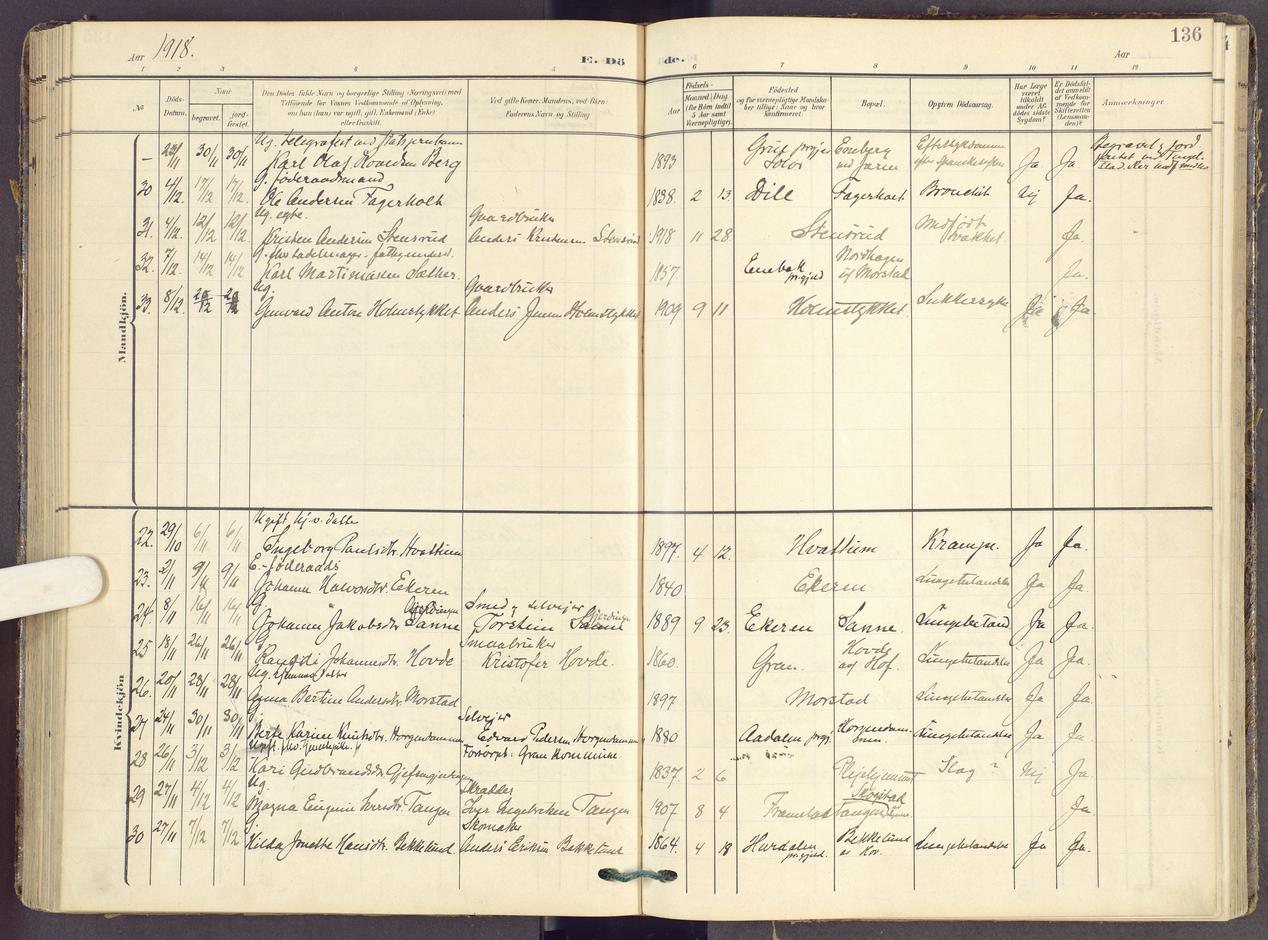 Gran prestekontor, AV/SAH-PREST-112/H/Ha/Haa/L0022: Parish register (official) no. 22, 1908-1918, p. 136