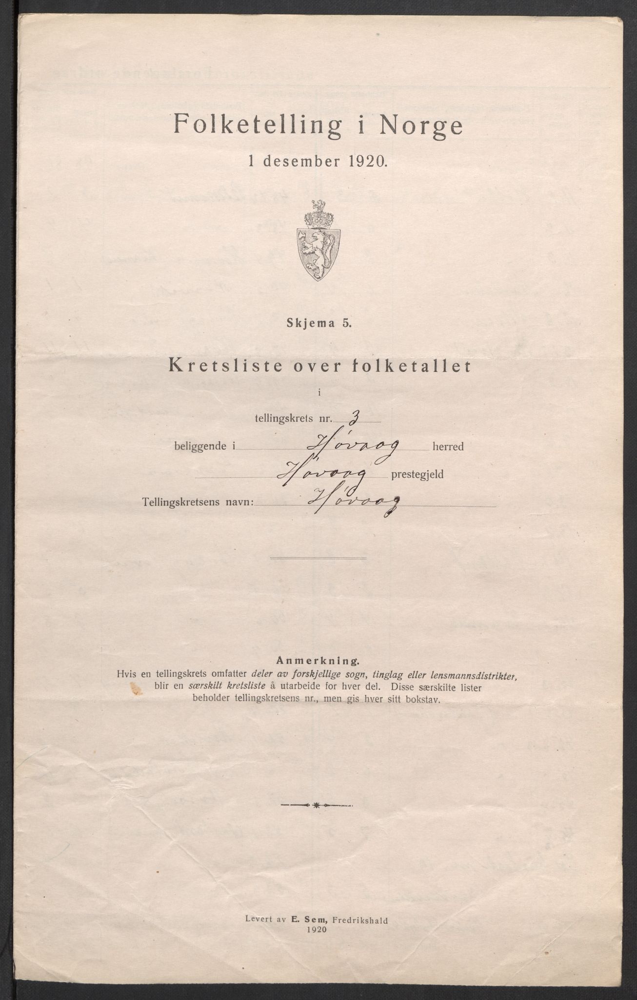 SAK, 1920 census for Høvåg, 1920, p. 12