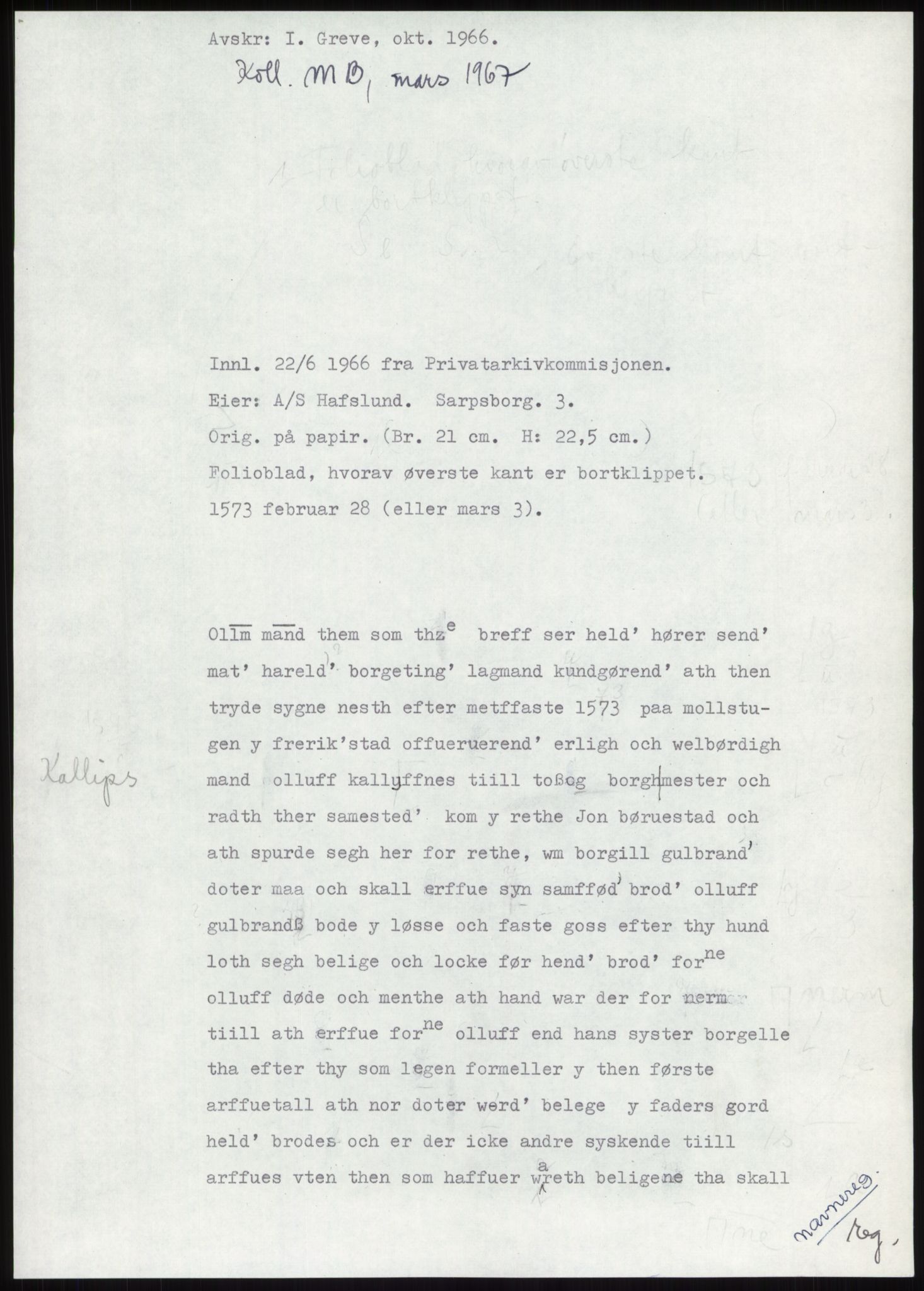 Samlinger til kildeutgivelse, Diplomavskriftsamlingen, AV/RA-EA-4053/H/Ha, p. 167