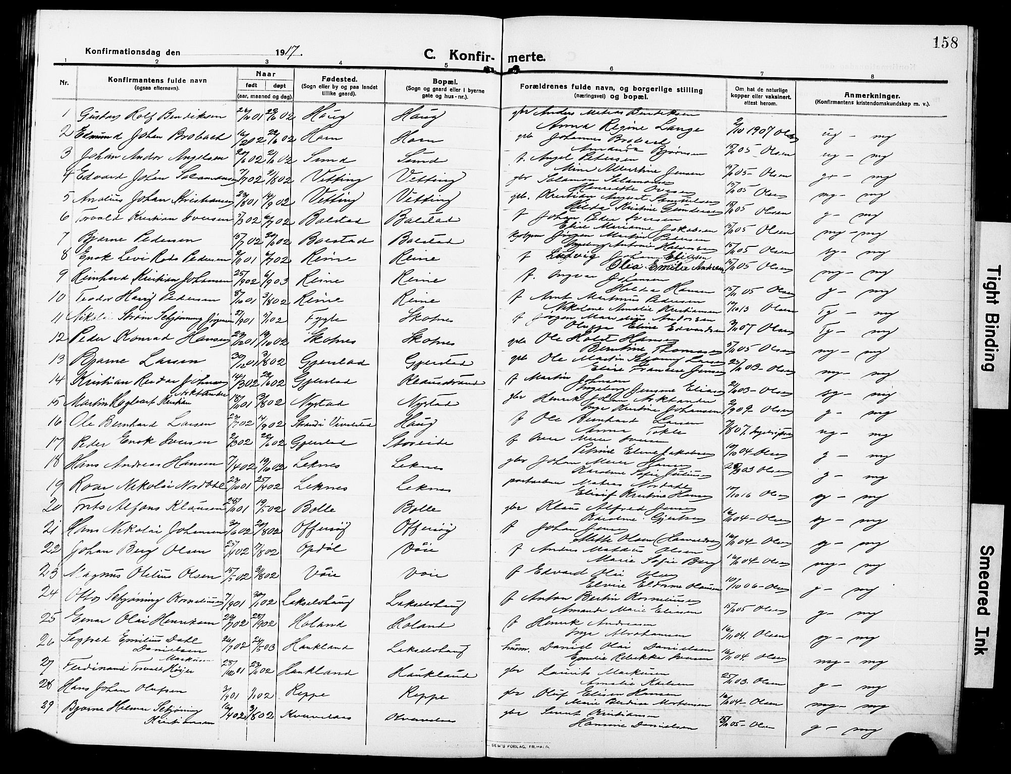 Ministerialprotokoller, klokkerbøker og fødselsregistre - Nordland, SAT/A-1459/881/L1169: Parish register (copy) no. 881C06, 1912-1930, p. 158