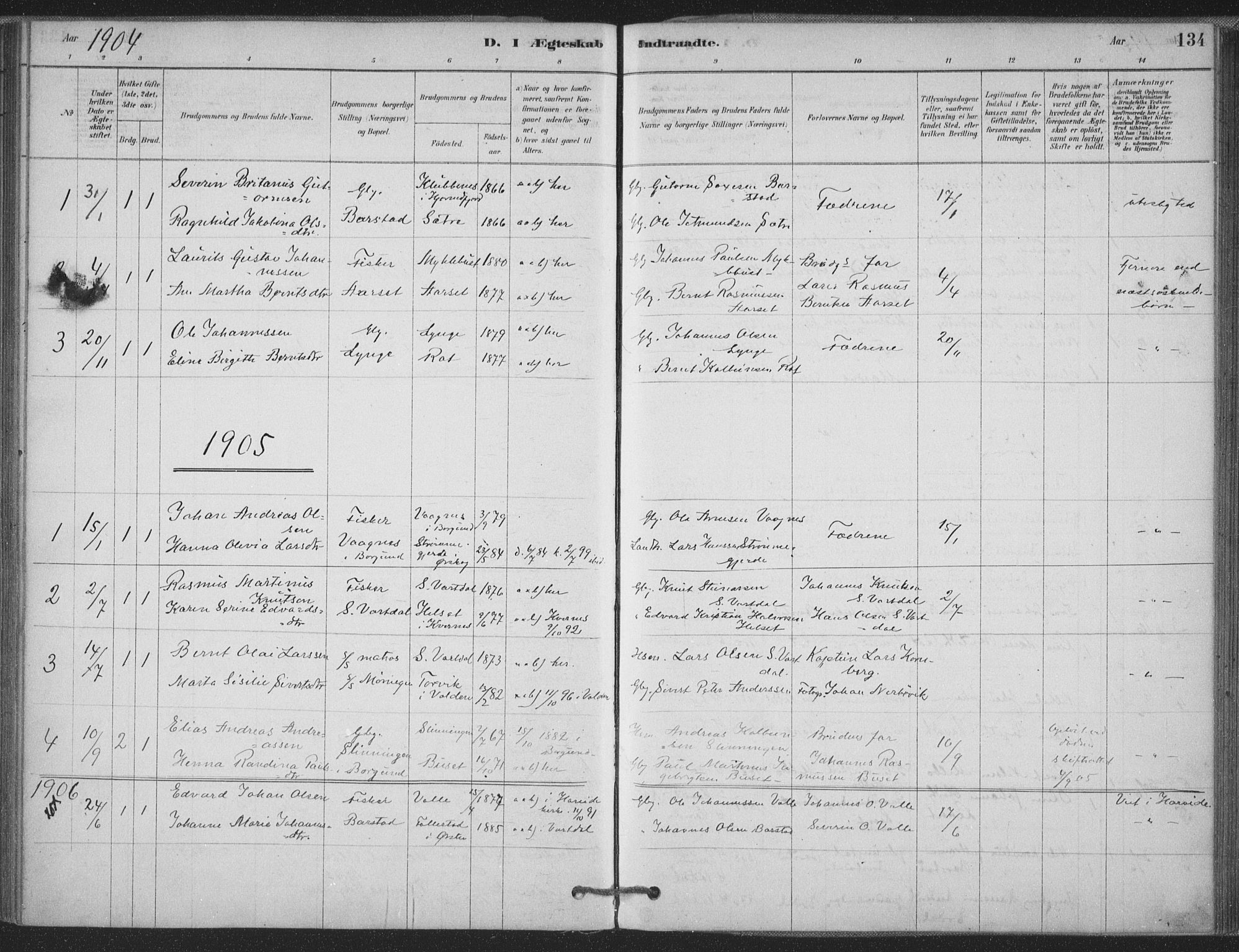 Ministerialprotokoller, klokkerbøker og fødselsregistre - Møre og Romsdal, AV/SAT-A-1454/514/L0199: Parish register (official) no. 514A01, 1878-1912, p. 134