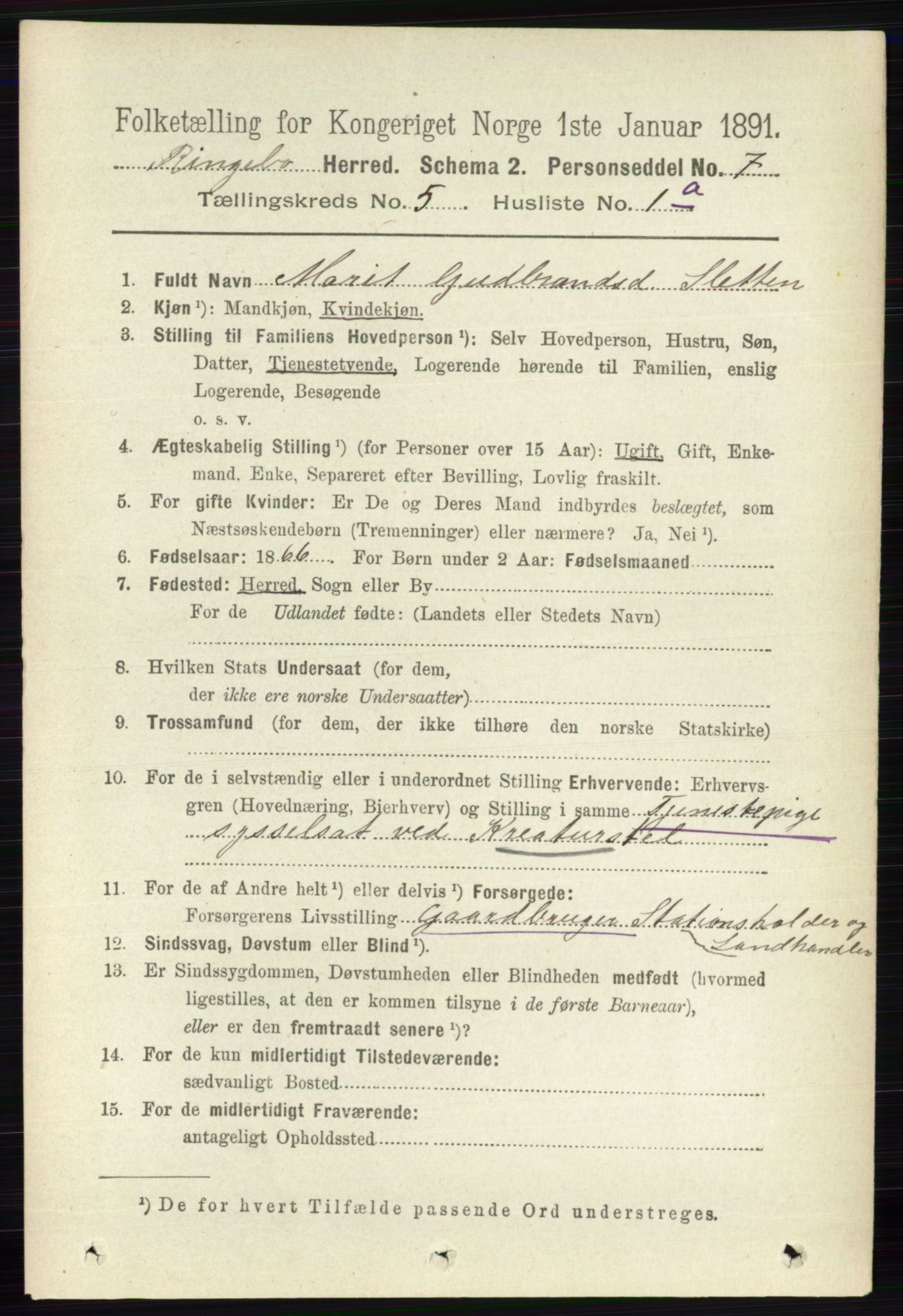 RA, 1891 census for 0520 Ringebu, 1891, p. 1973