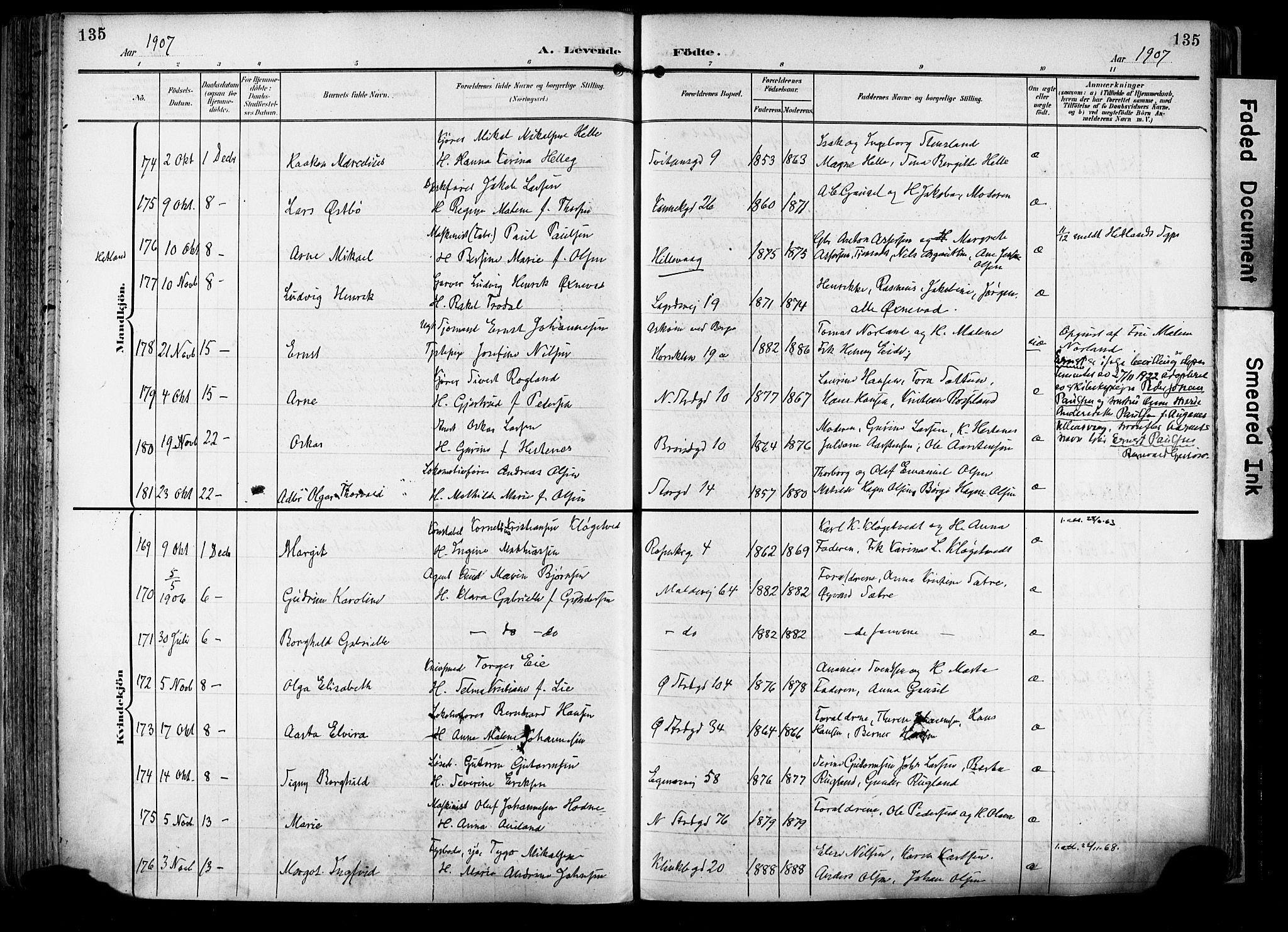Domkirken sokneprestkontor, SAST/A-101812/001/30/30BA/L0033: Parish register (official) no. A 32, 1903-1915, p. 135