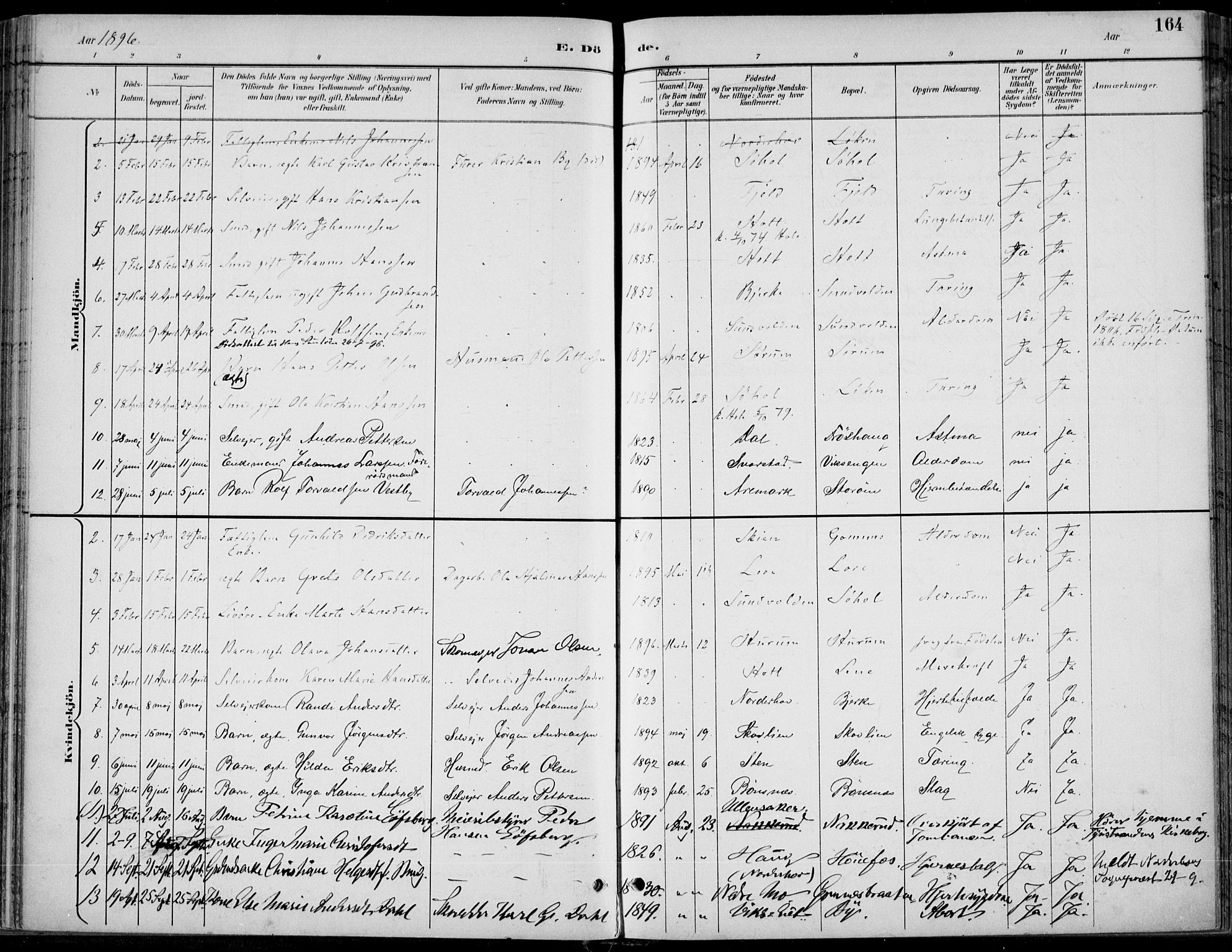 Hole kirkebøker, SAKO/A-228/F/Fa/L0009: Parish register (official) no. I 9, 1892-1907, p. 164