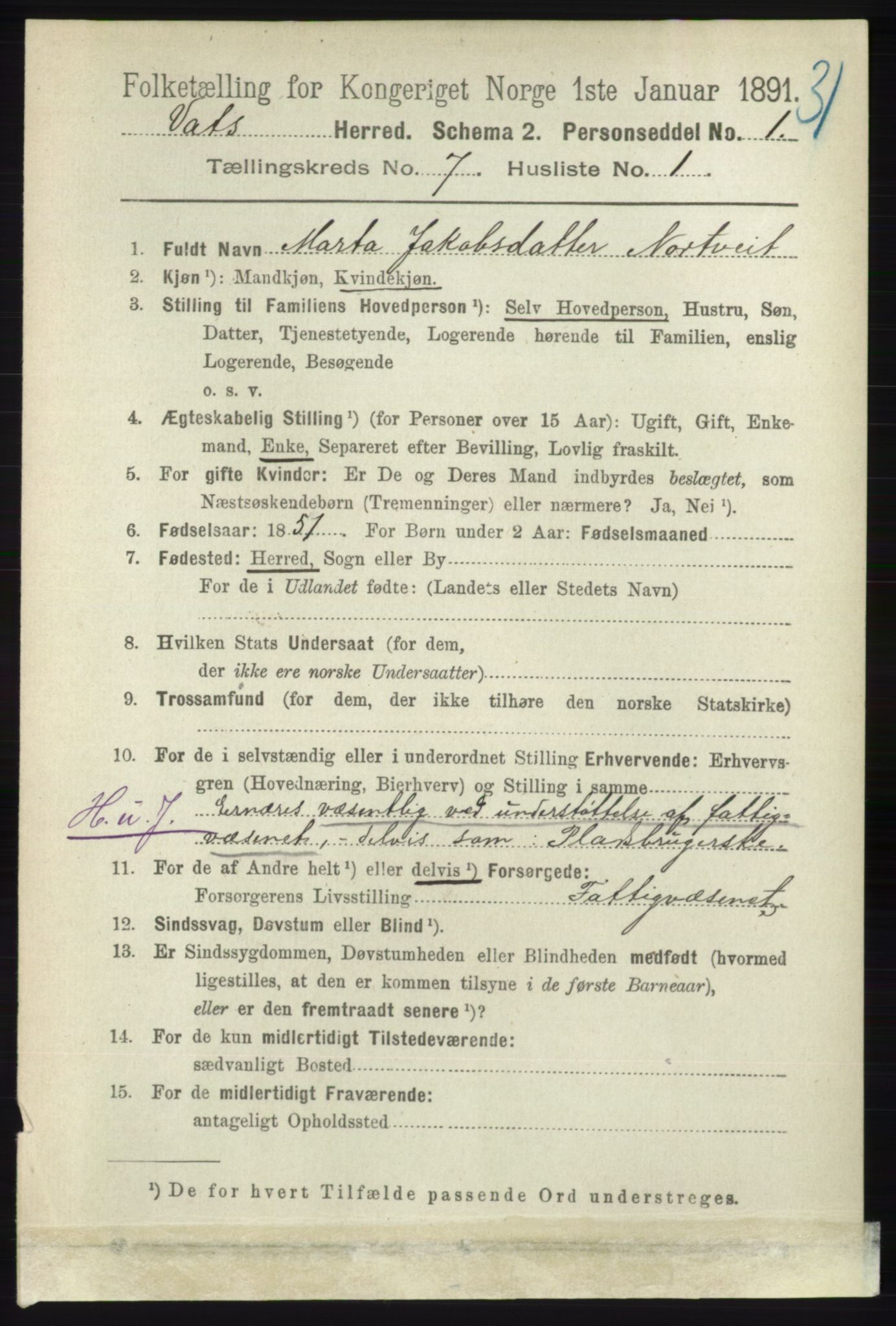 RA, 1891 census for 1155 Vats, 1891, p. 1100