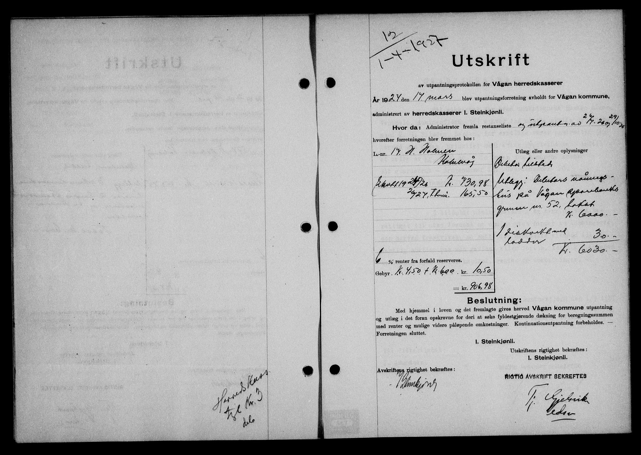 Lofoten sorenskriveri, SAT/A-0017/1/2/2C/L0015b: Mortgage book no. 15b, 1927-1927, Deed date: 01.04.1927