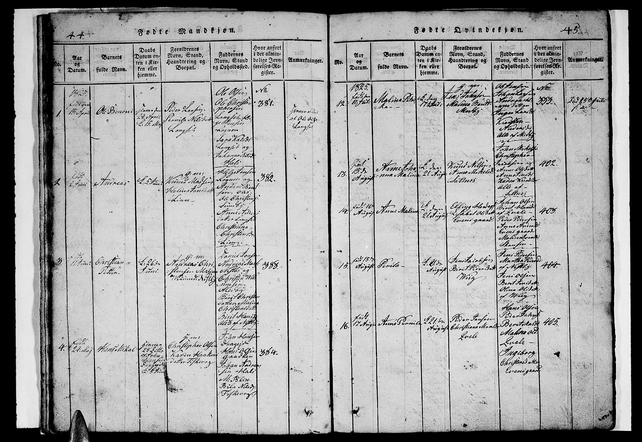 Ministerialprotokoller, klokkerbøker og fødselsregistre - Nordland, SAT/A-1459/847/L0676: Parish register (copy) no. 847C04, 1821-1853, p. 44-45