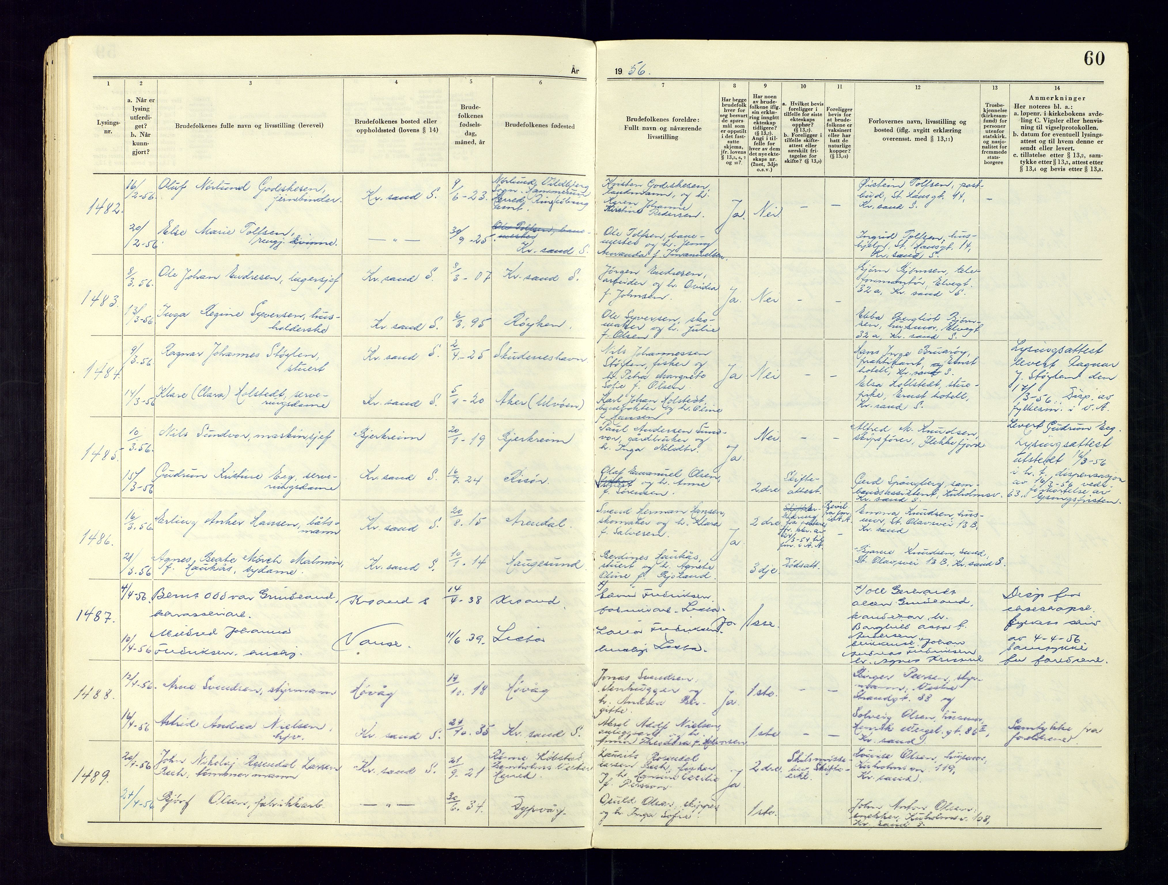 Kristiansand byrett - 2, AV/SAK-1223-0002/I/Ib/L0149/0004: Vigselbøker og lysningsbøker / Lysningsbok, 1946-1961, p. 60