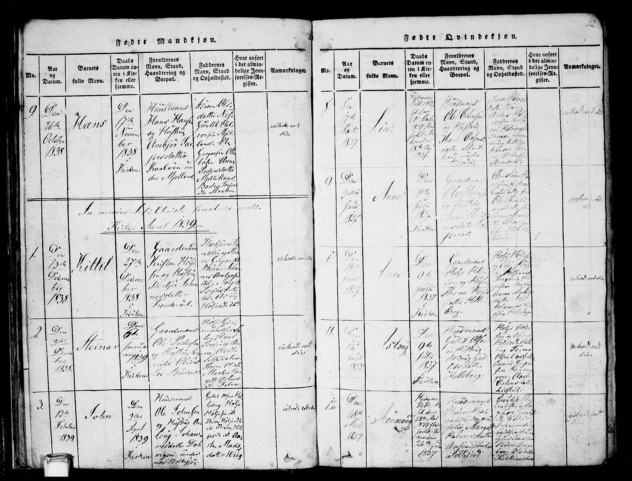 Gransherad kirkebøker, SAKO/A-267/F/Fa/L0001: Parish register (official) no. I 1, 1815-1843, p. 62