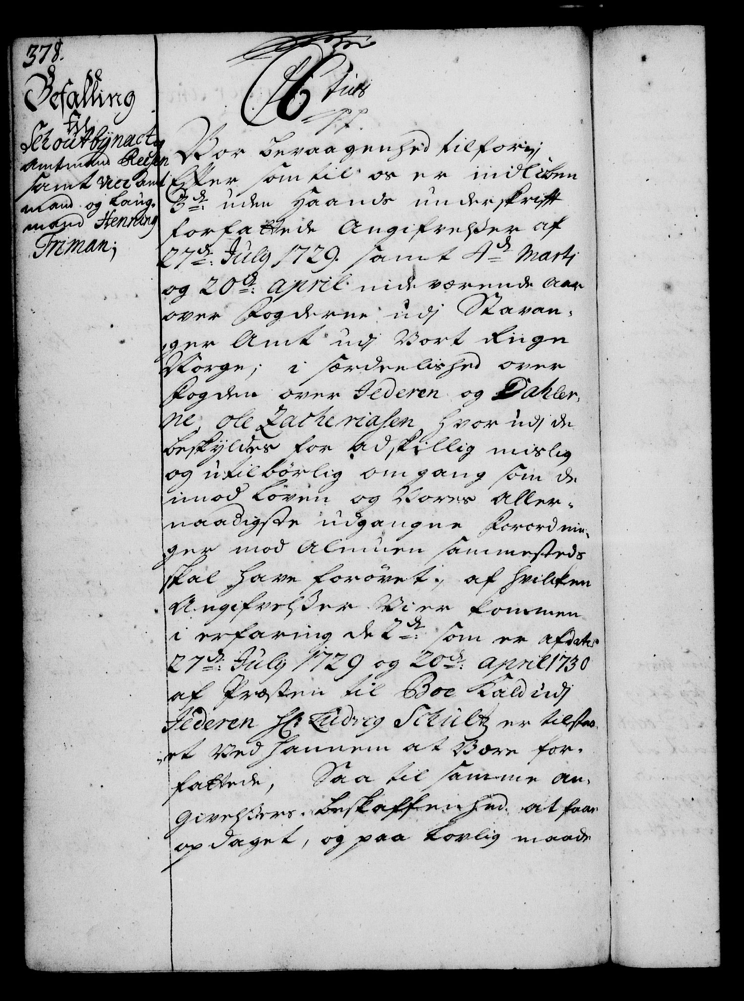 Rentekammeret, Kammerkanselliet, RA/EA-3111/G/Gg/Gga/L0003: Norsk ekspedisjonsprotokoll med register (merket RK 53.3), 1727-1734, p. 378