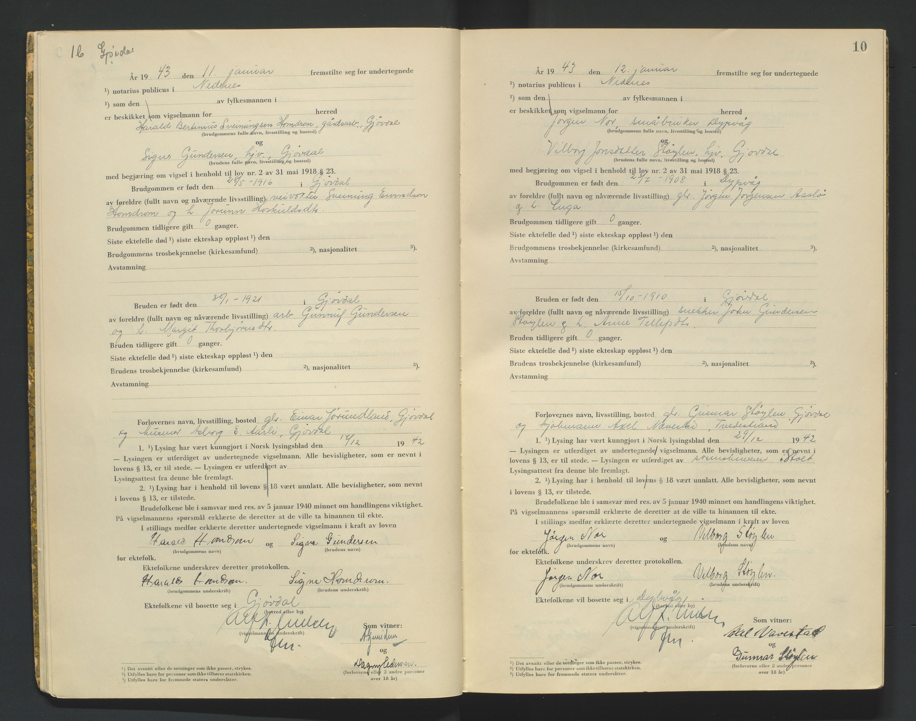 Nedenes sorenskriveri, AV/SAK-1221-0006/L/Ld/L0002/0002: Vigselsbøker / Vigselbok, 1942-1943, p. 10