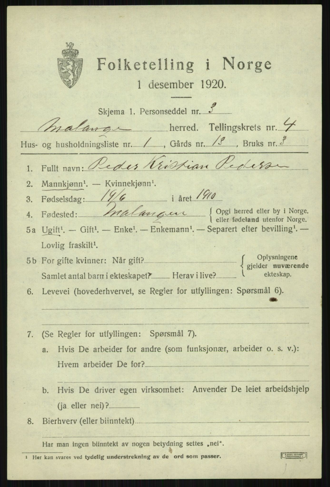 SATØ, 1920 census for Malangen, 1920, p. 1589