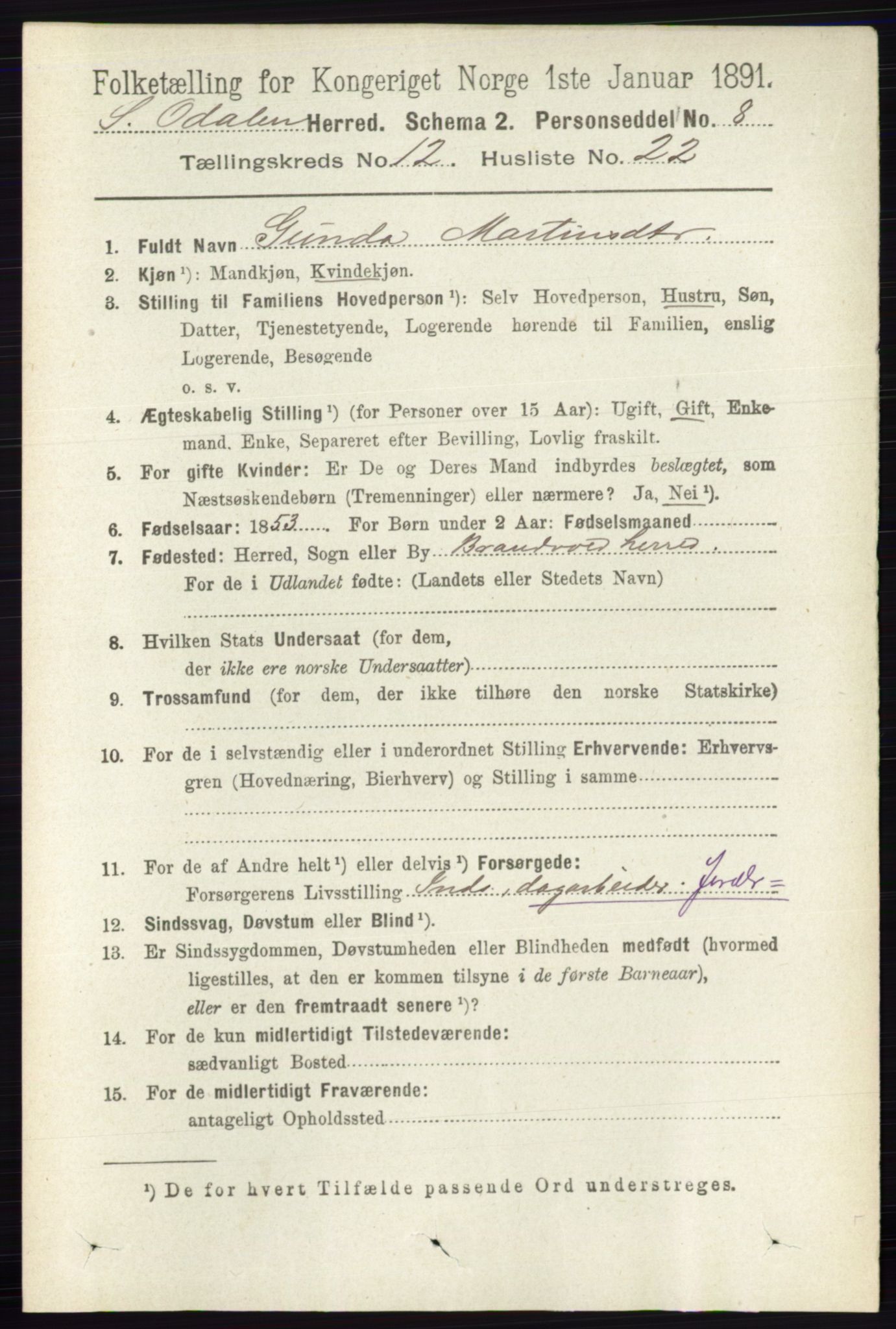 RA, 1891 census for 0419 Sør-Odal, 1891, p. 5492