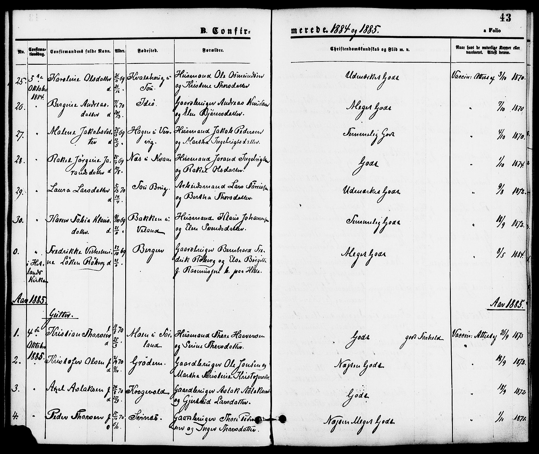Strand sokneprestkontor, SAST/A-101828/H/Ha/Haa/L0008: Parish register (official) no. A 8, 1874-1907, p. 43