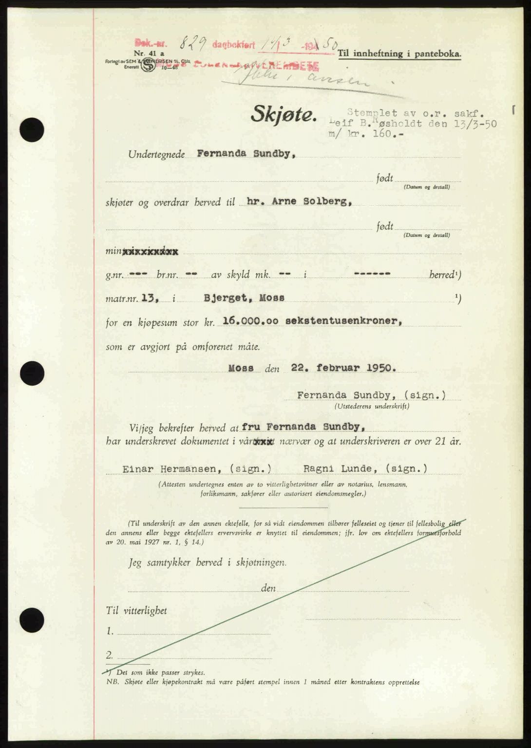 Moss sorenskriveri, SAO/A-10168: Mortgage book no. A25, 1950-1950, Diary no: : 829/1950