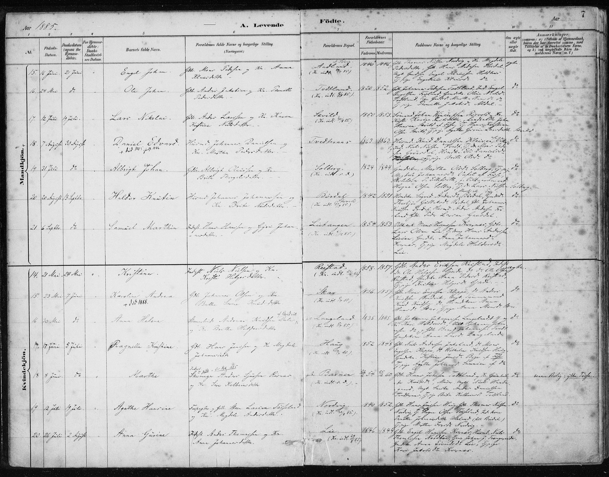 Samnanger Sokneprestembete, SAB/A-77501/H/Haa: Parish register (official) no. A 1, 1885-1901, p. 7