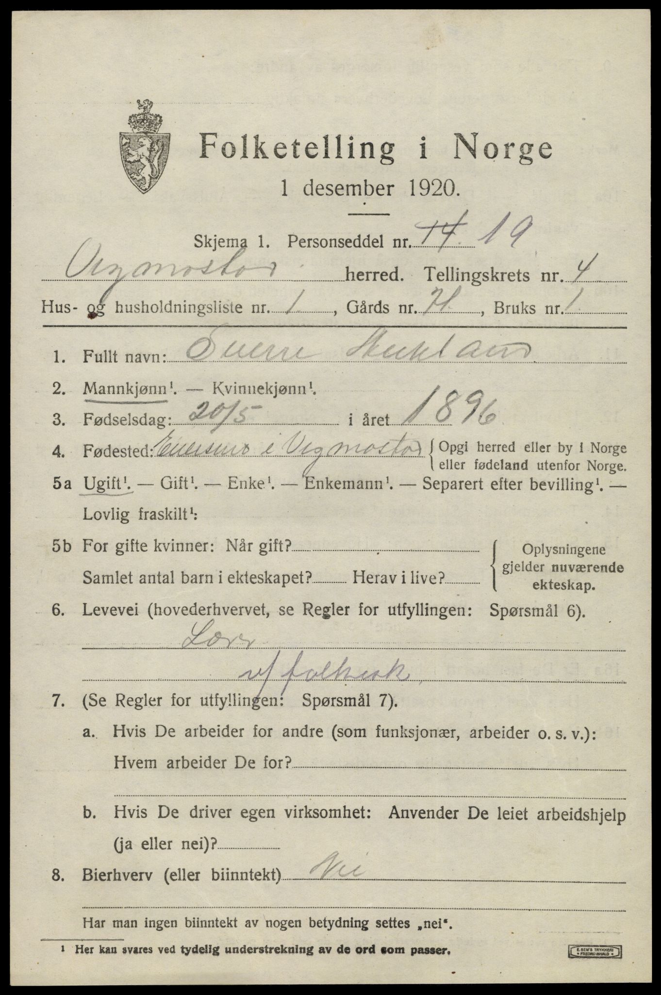 SAK, 1920 census for Vigmostad, 1920, p. 1209