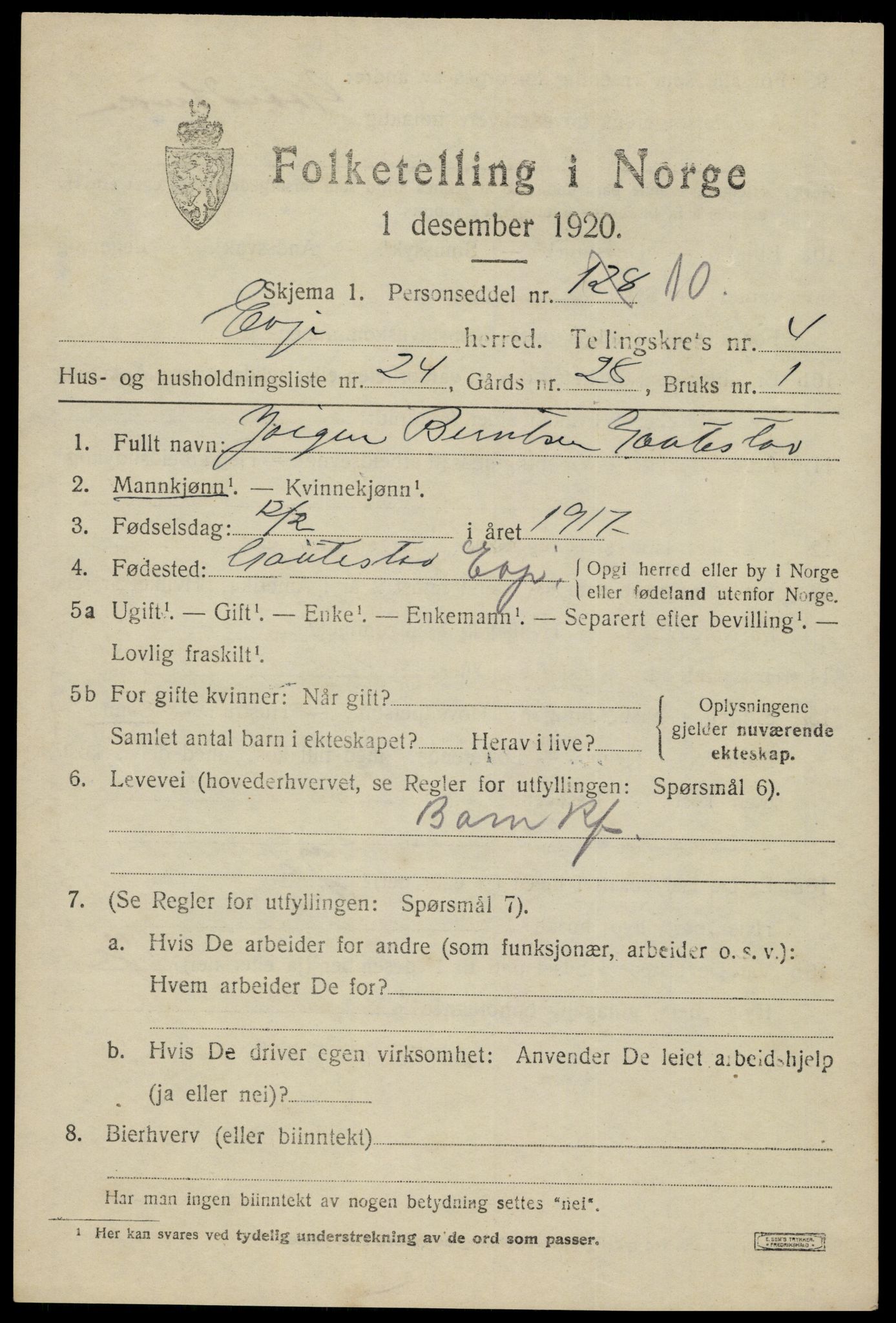 SAK, 1920 census for Evje, 1920, p. 1566