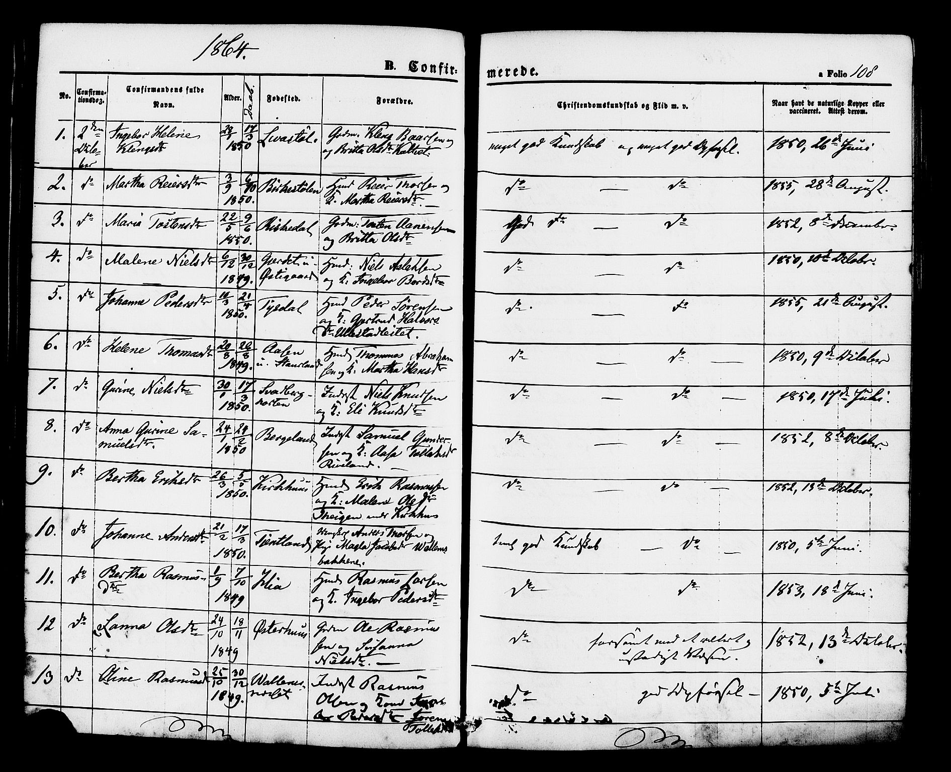 Hjelmeland sokneprestkontor, AV/SAST-A-101843/01/IV/L0012: Parish register (official) no. A 12, 1862-1886, p. 108