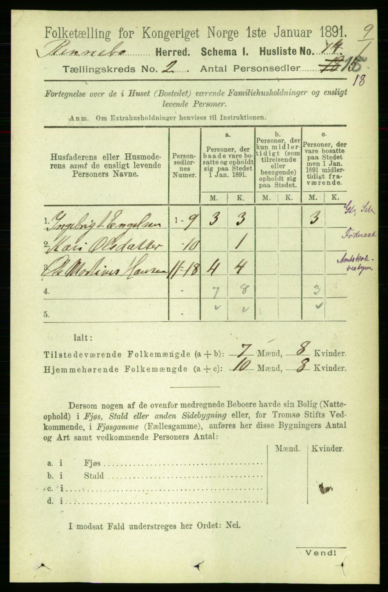 RA, 1891 census for 1635 Rennebu, 1891, p. 697