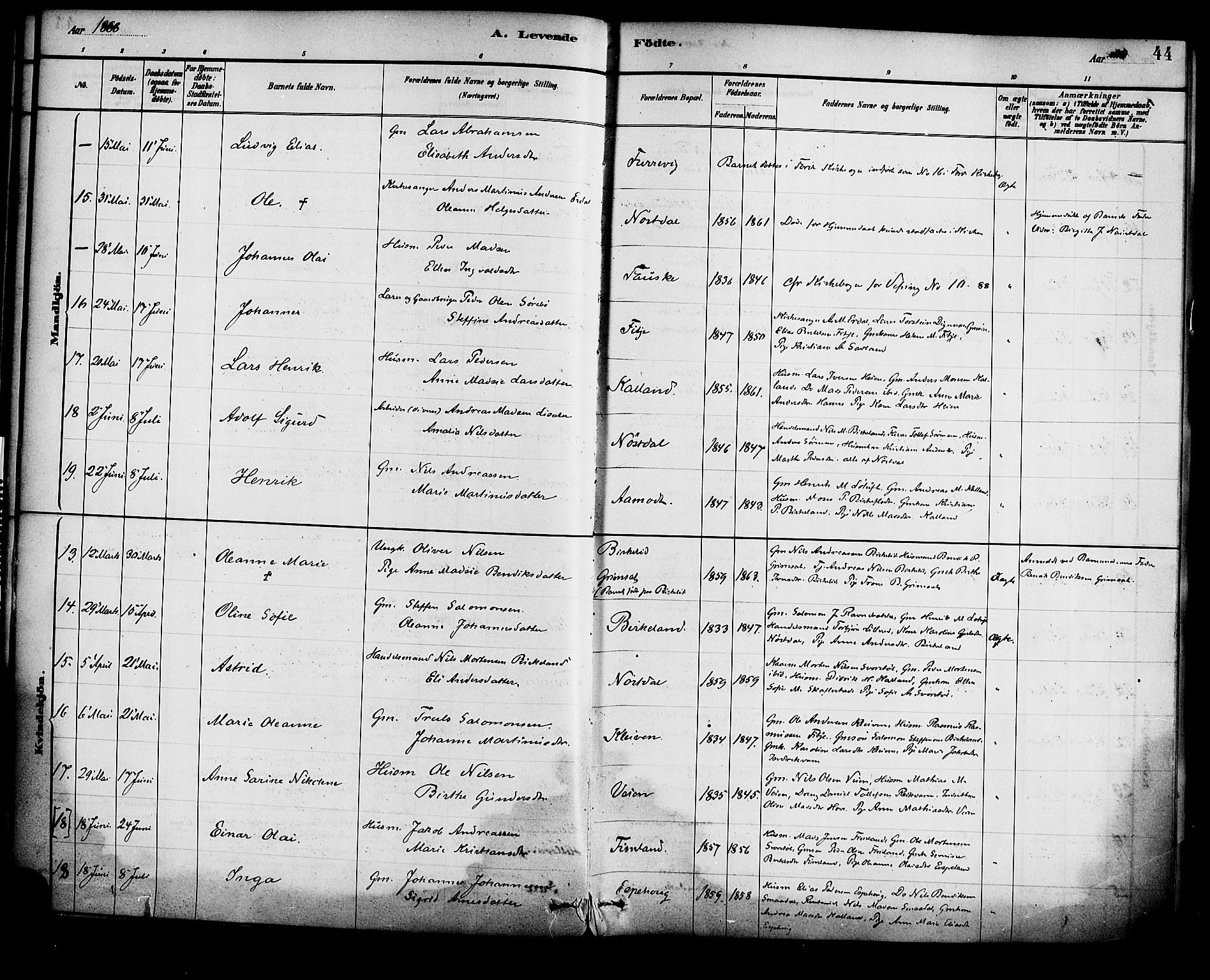 Førde sokneprestembete, AV/SAB-A-79901/H/Haa/Haad/L0001: Parish register (official) no. D 1, 1881-1898, p. 44