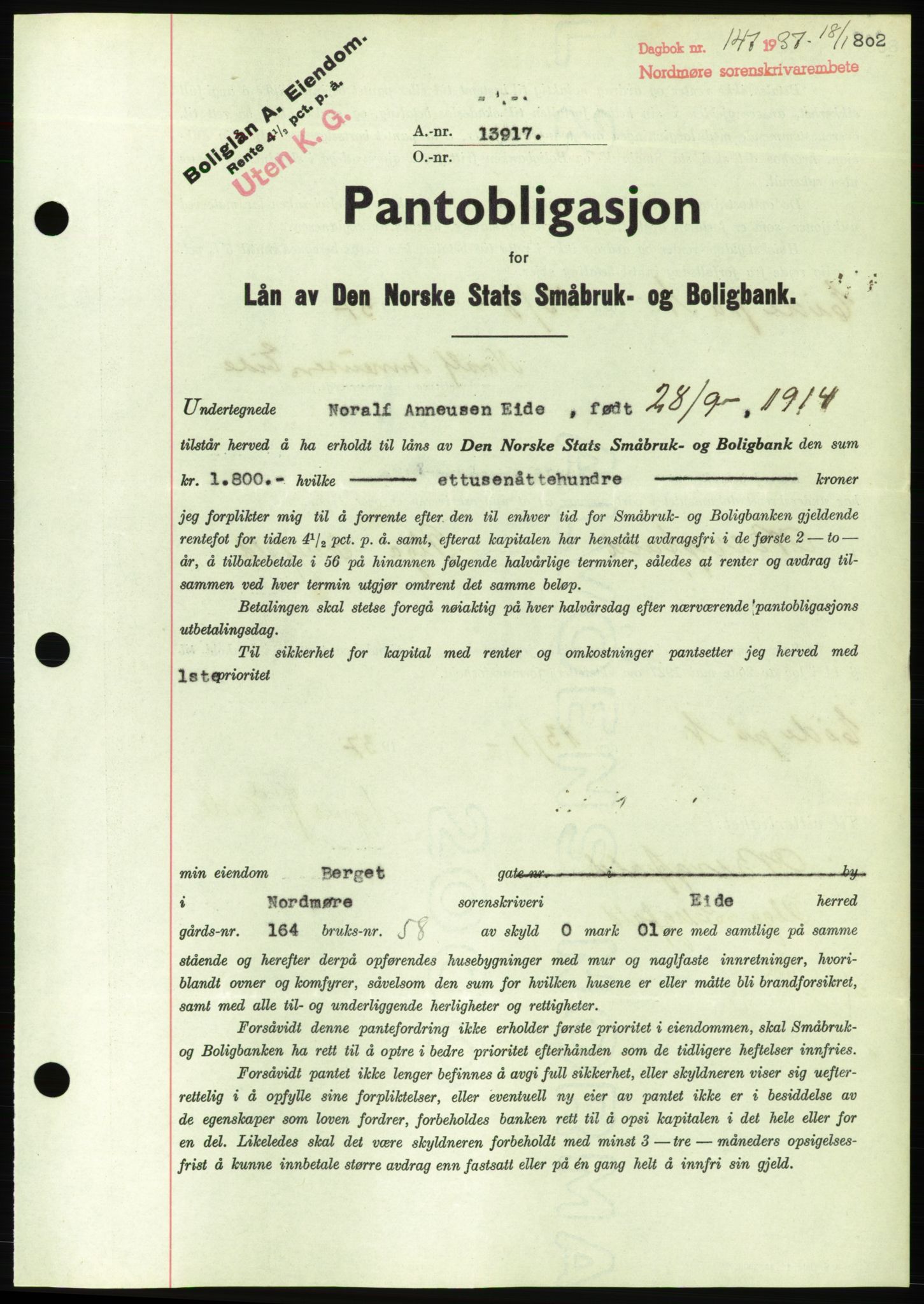 Nordmøre sorenskriveri, AV/SAT-A-4132/1/2/2Ca/L0090: Mortgage book no. B80, 1936-1937, Diary no: : 147/1937