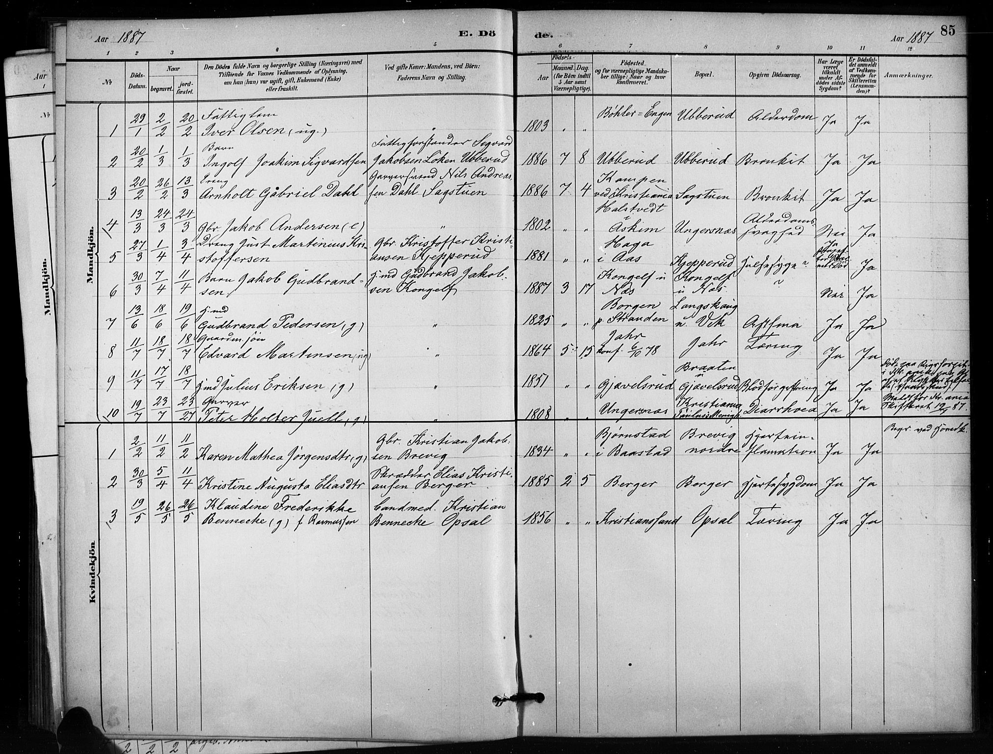 Enebakk prestekontor Kirkebøker, AV/SAO-A-10171c/F/Fb/L0001: Parish register (official) no. II 1, 1877-1902, p. 85