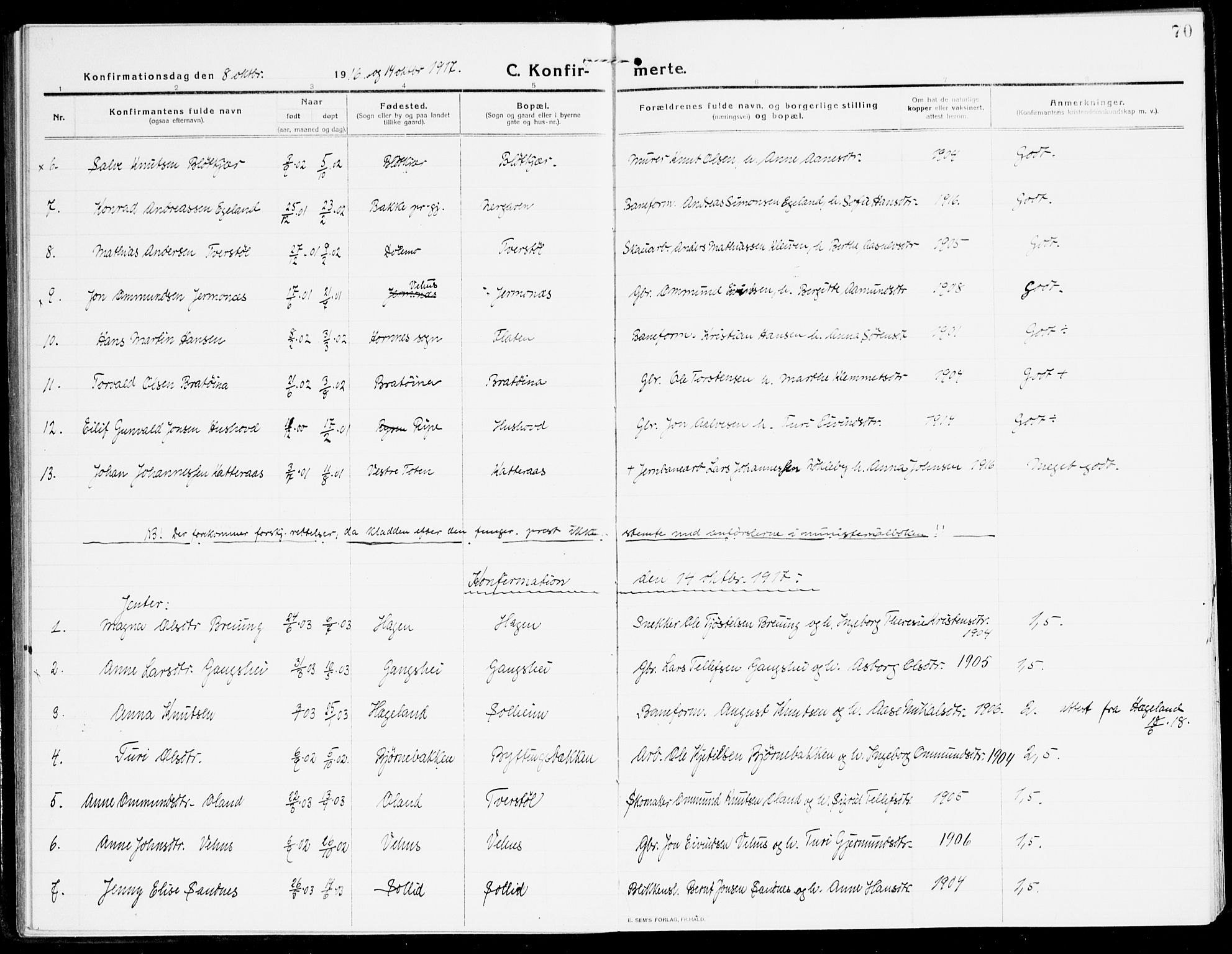 Åmli sokneprestkontor, SAK/1111-0050/F/Fa/Fac/L0013: Parish register (official) no. A 13, 1914-1933, p. 70