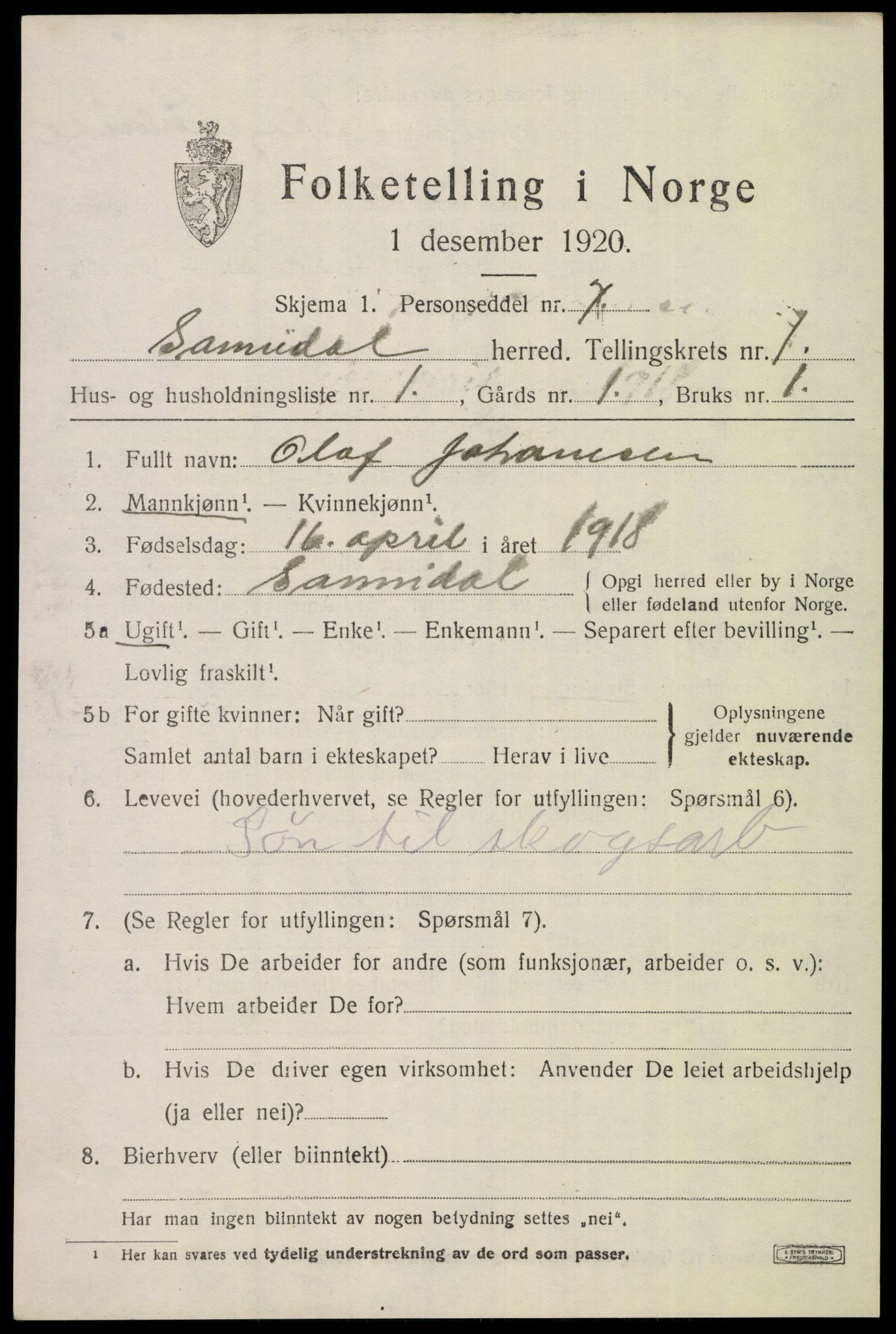 SAKO, 1920 census for Sannidal, 1920, p. 1039