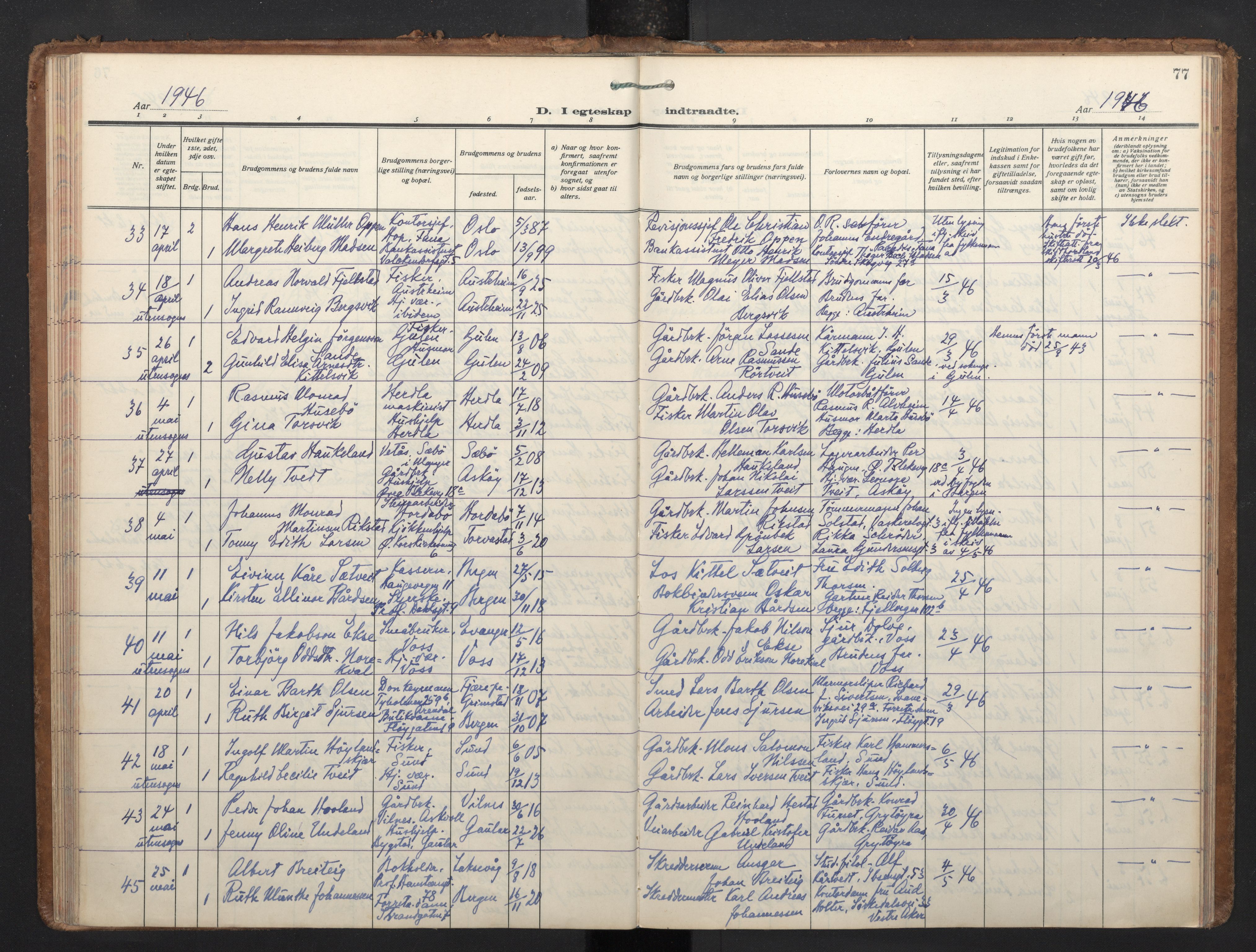 Korskirken sokneprestembete, AV/SAB-A-76101/H/Haa/L0040: Parish register (official) no. D 7, 1938-1952, p. 76b-77a