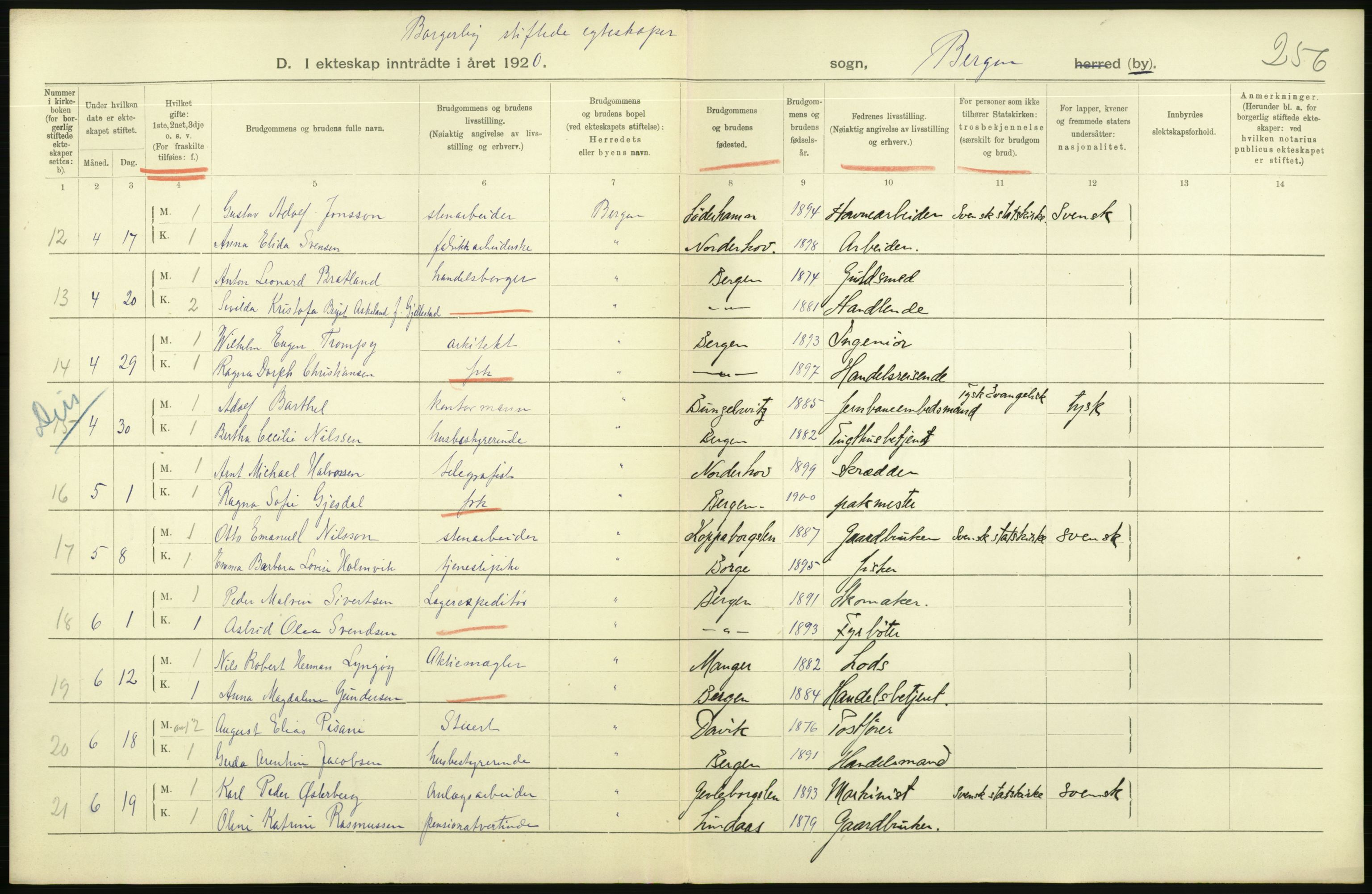 Statistisk sentralbyrå, Sosiodemografiske emner, Befolkning, AV/RA-S-2228/D/Df/Dfb/Dfbj/L0042: Bergen: Gifte, døde, dødfødte., 1920, p. 264