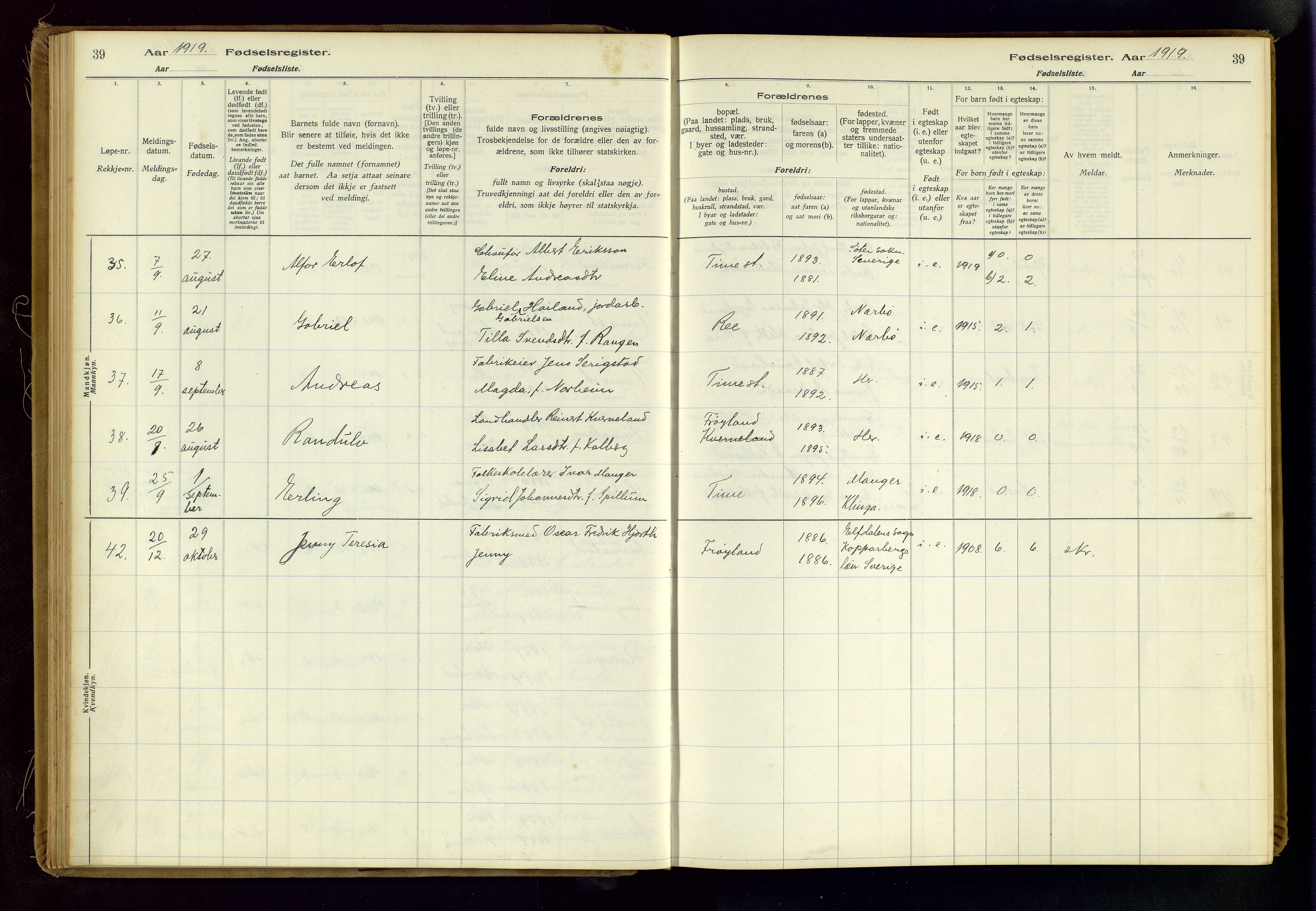 Time sokneprestkontor, AV/SAST-A-101795/001/704BA/L0001: Birth register no. 1, 1916-1934, p. 39