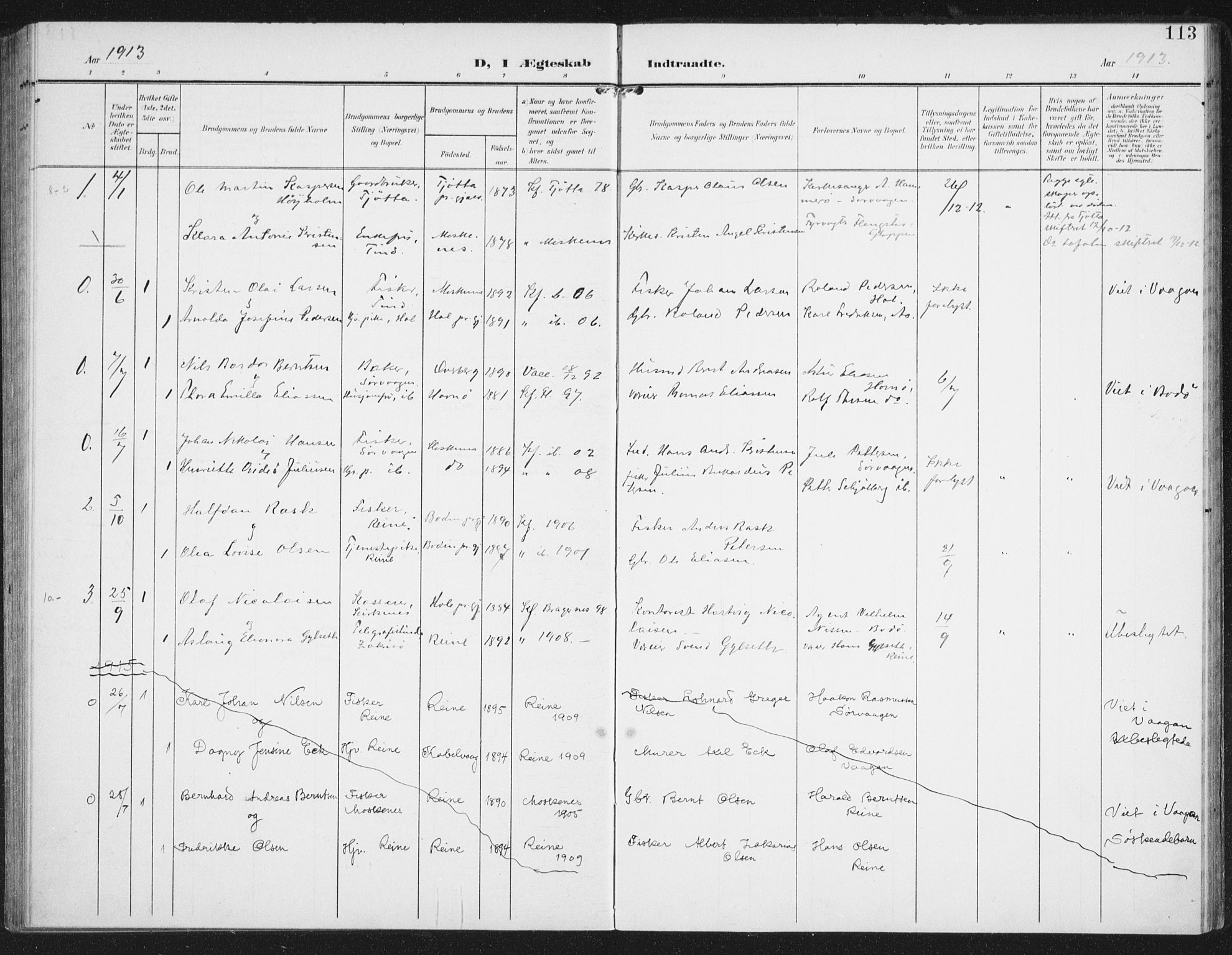 Ministerialprotokoller, klokkerbøker og fødselsregistre - Nordland, SAT/A-1459/886/L1221: Parish register (official) no. 886A03, 1903-1913, p. 113