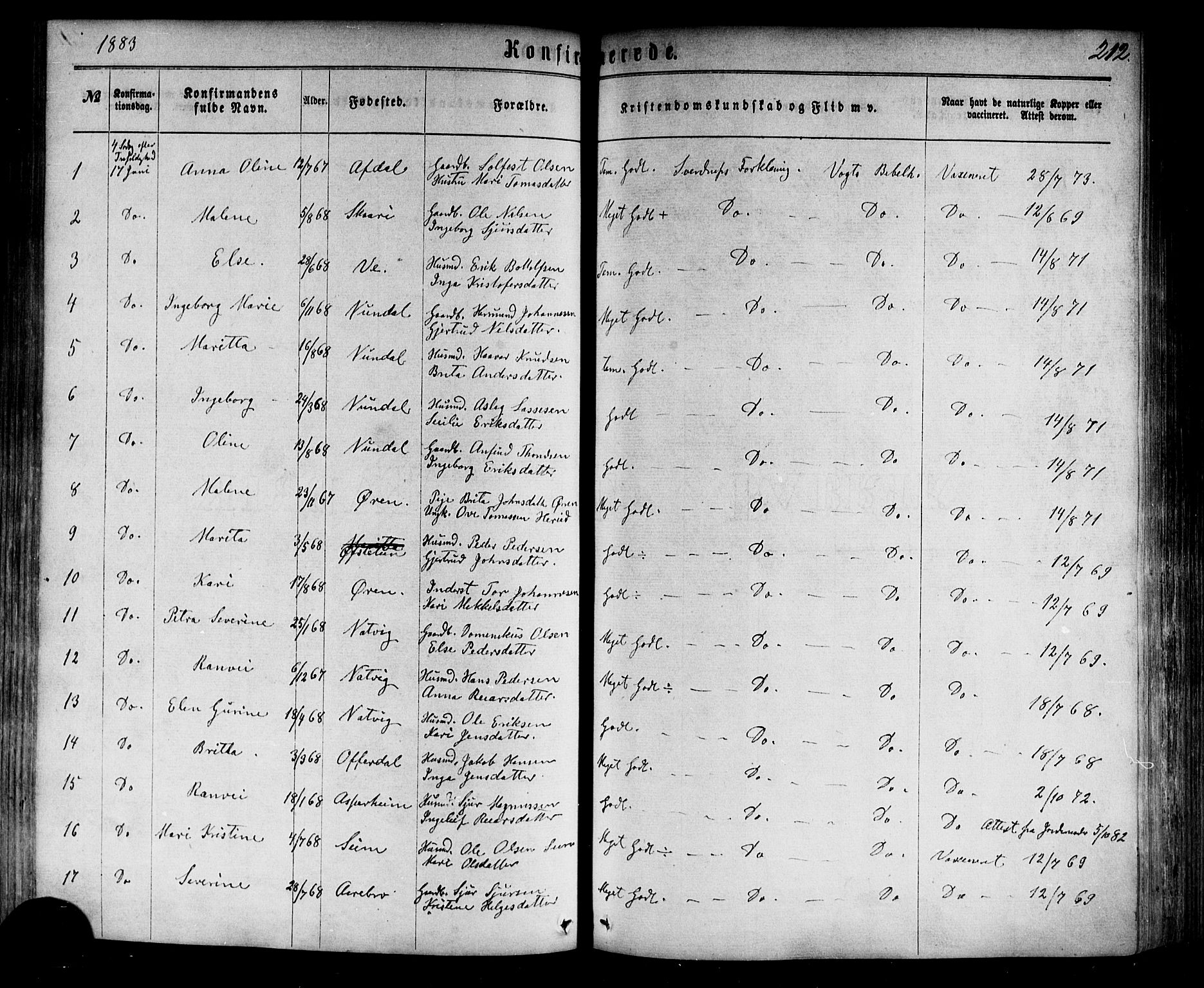 Årdal sokneprestembete, AV/SAB-A-81701: Parish register (official) no. A 3, 1863-1886, p. 212