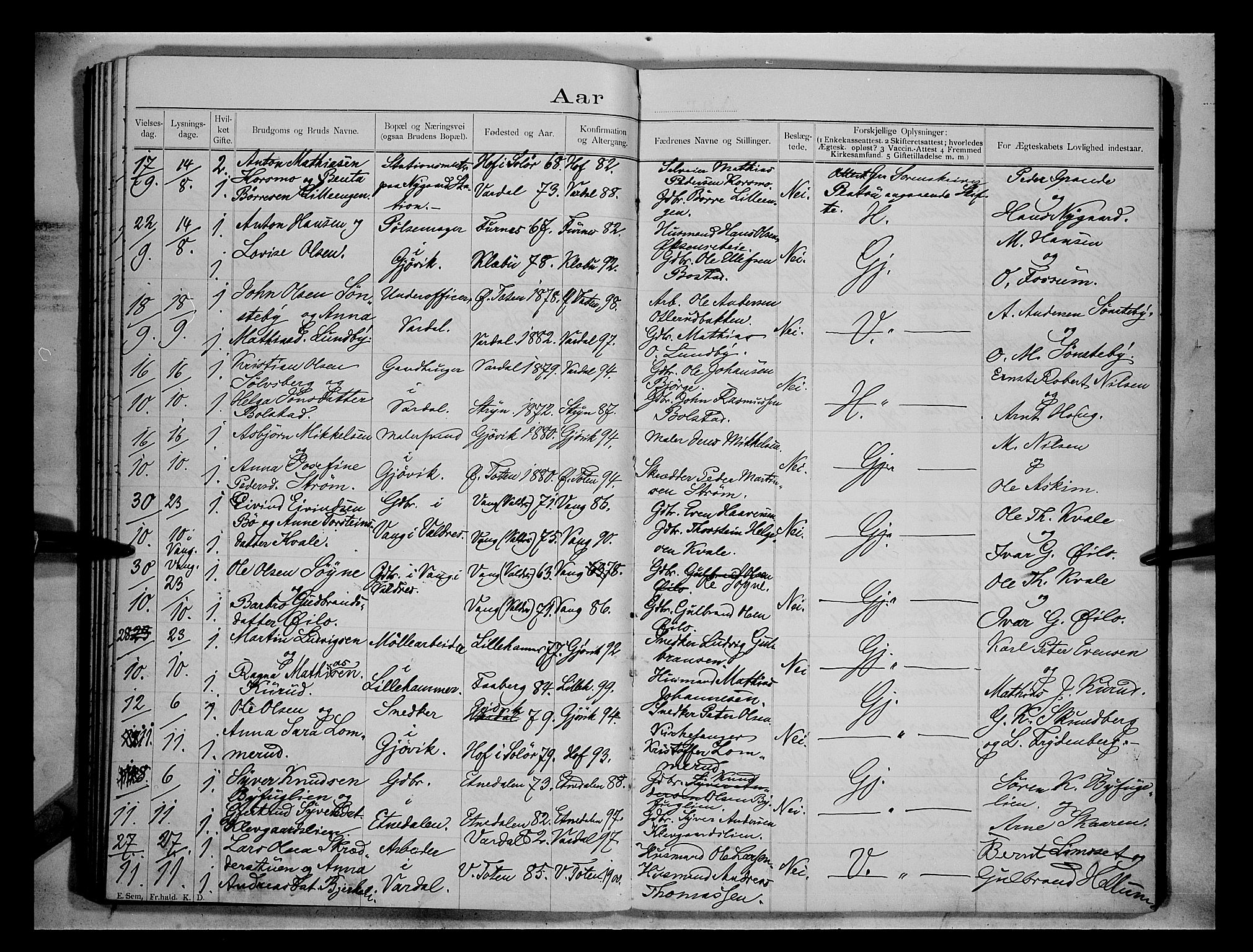 Vardal prestekontor, AV/SAH-PREST-100/H/Ha/Hab/L0004: Banns register no. 4, 1892-1907